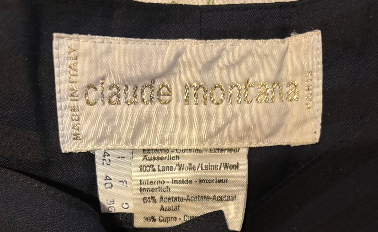 Claude Montana Fall/Winter 1985 Black and Navy Wool Striped Tuxedo Pants