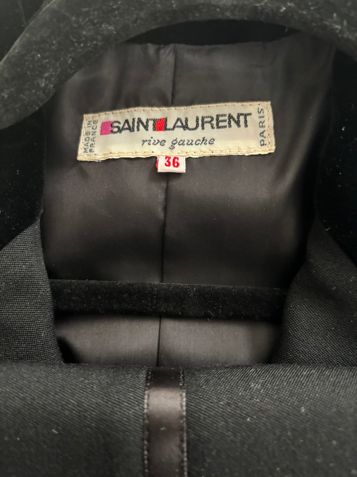 Yves Saint Laurent 1970s Black Wool Velvet and Ribbon Trimmed Jacket and Pants