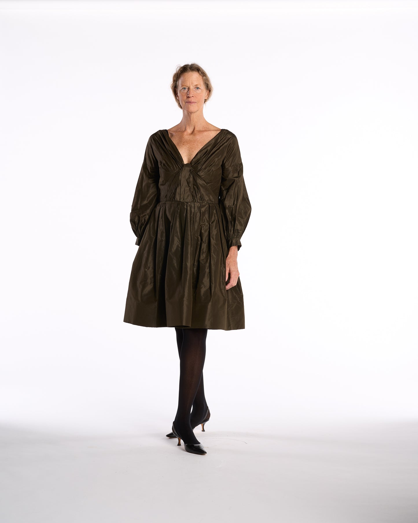 Oscar de la Renta 2000s Olive Silk Taffeta Dress
