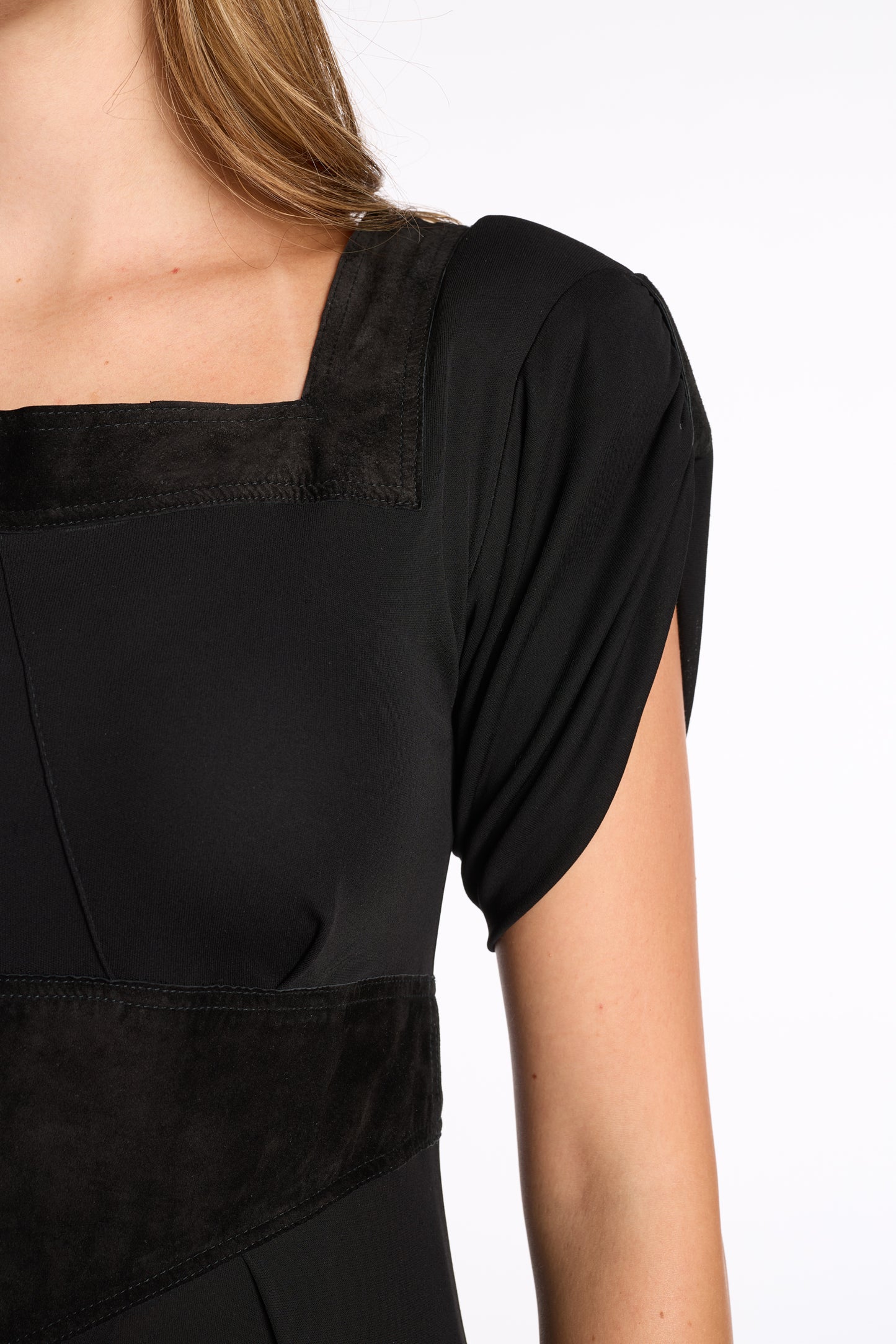 Jean Muir 1980s Square Neck Suede Detailed Dress