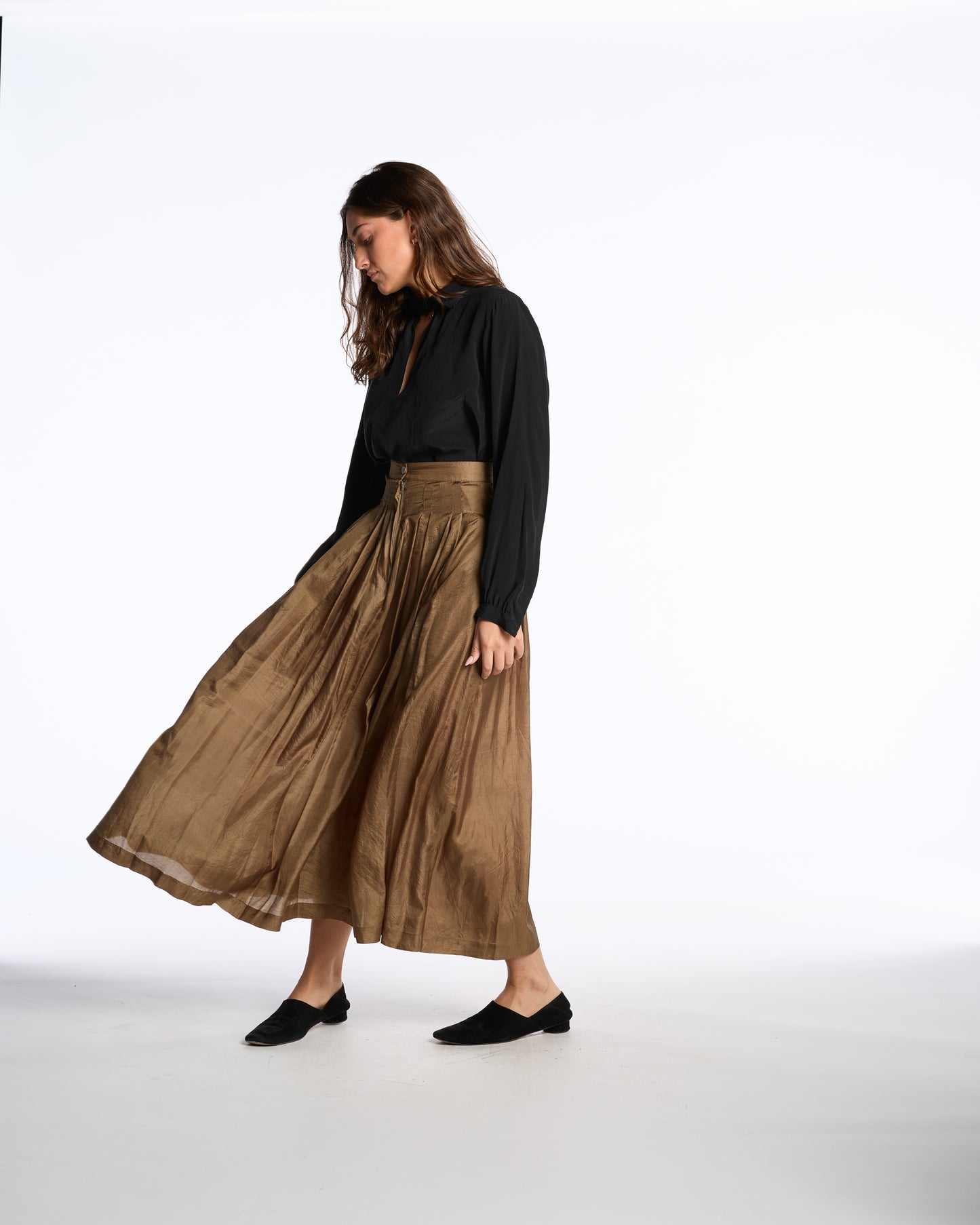 Krizia 1980s Brass Silk Pleated Skirt
