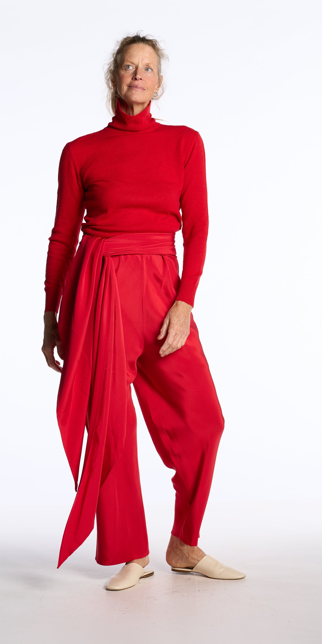 Halston Spring 1977 Cherry Silk Blend Pants With Triangular Sash