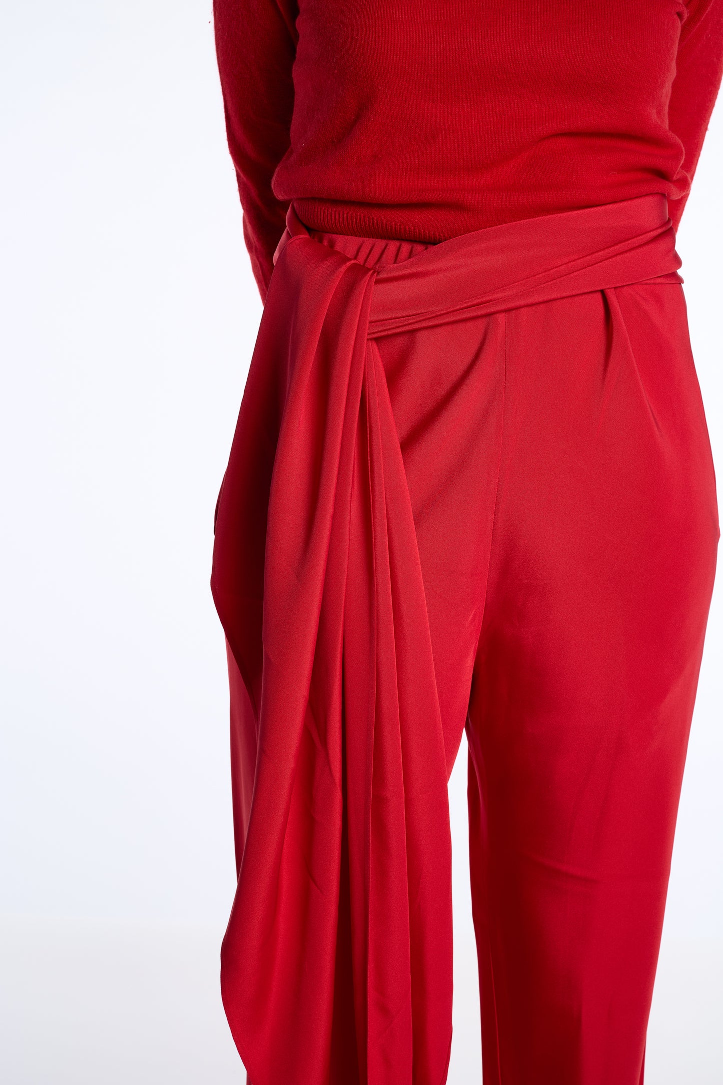 Halston Spring 1977 Cherry Silk Blend Pants With Triangular Sash