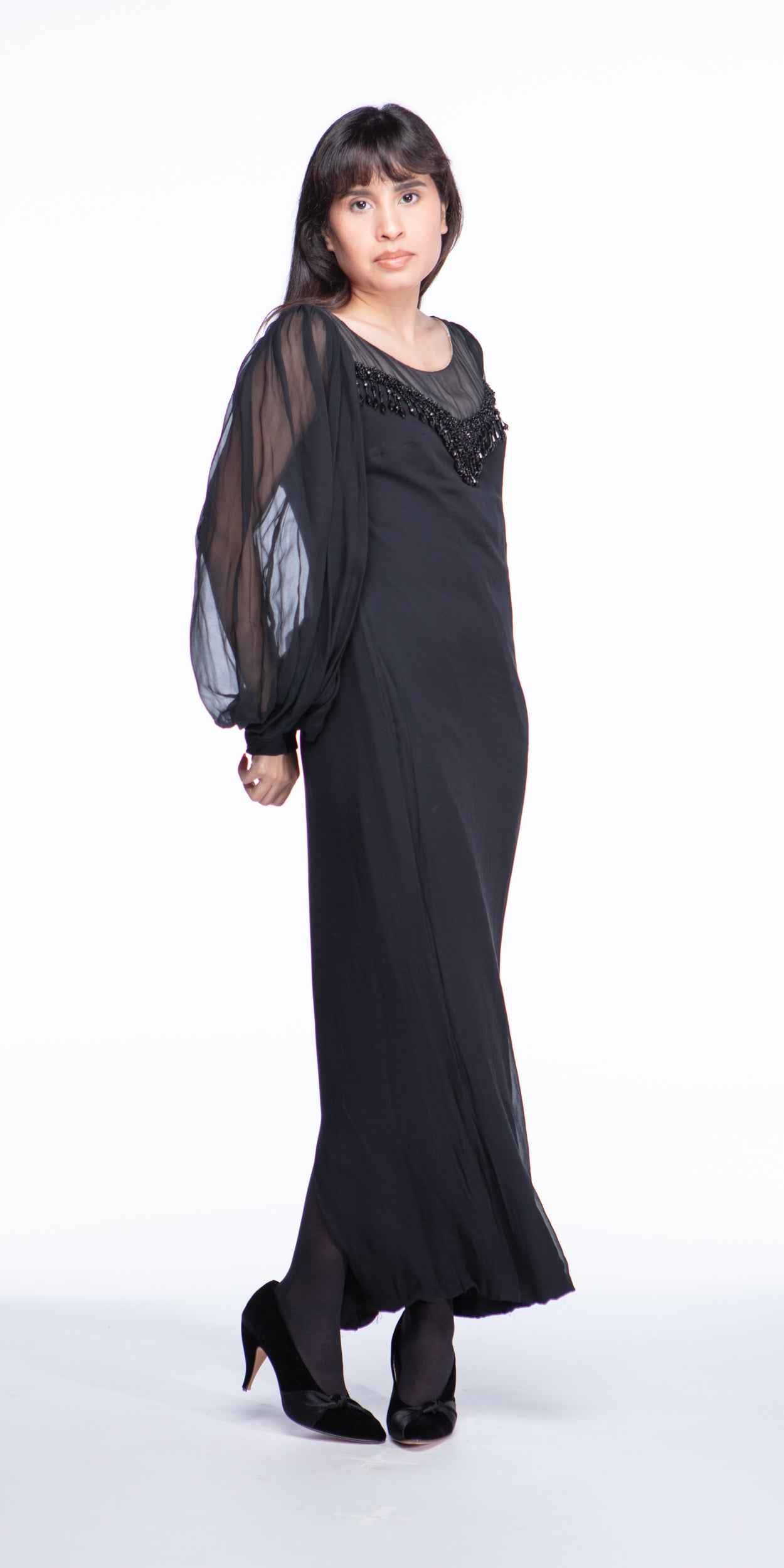 Beaded Black chiffon 1960s dress