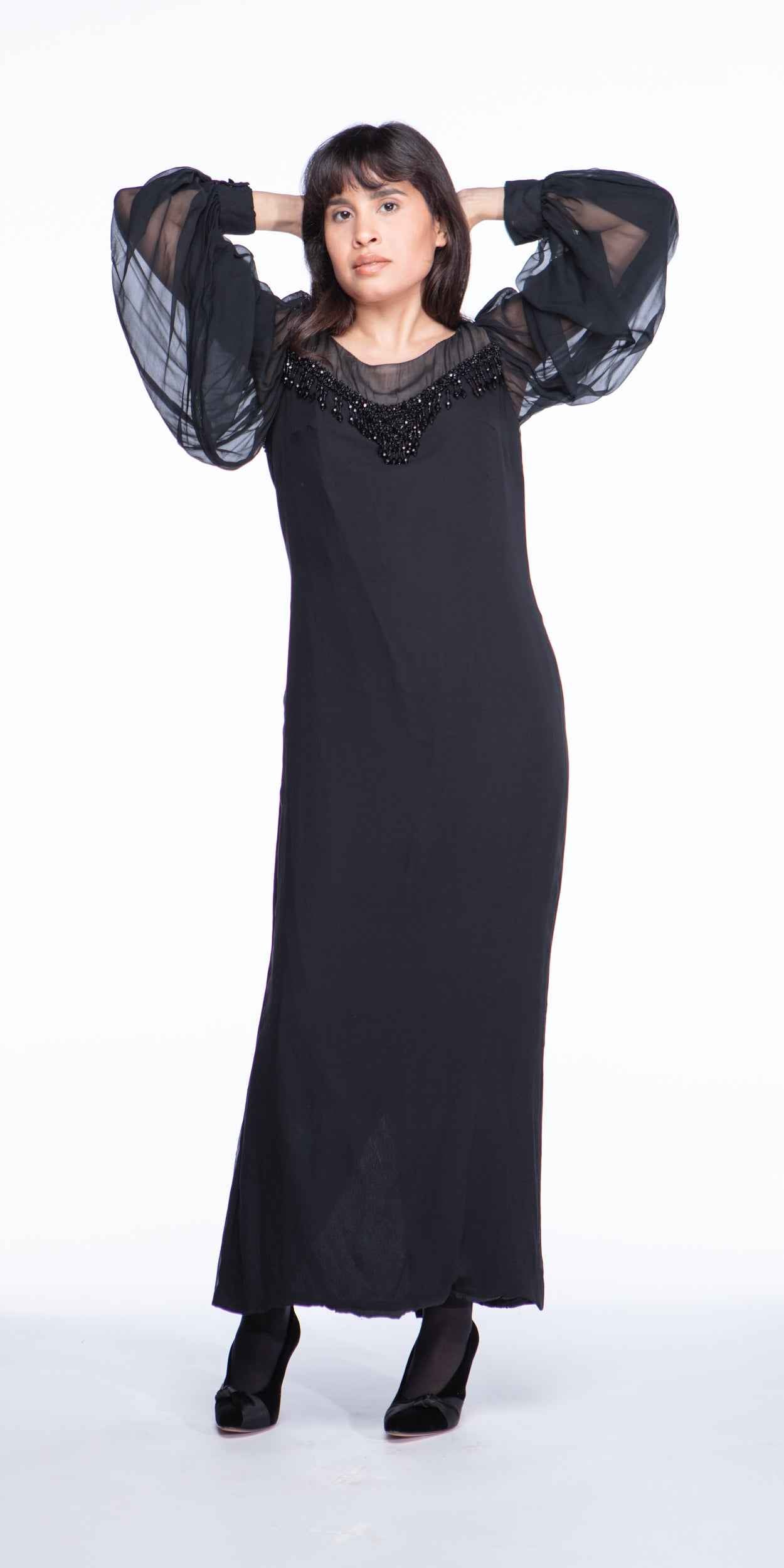 Beaded black chiffon 1960s dress