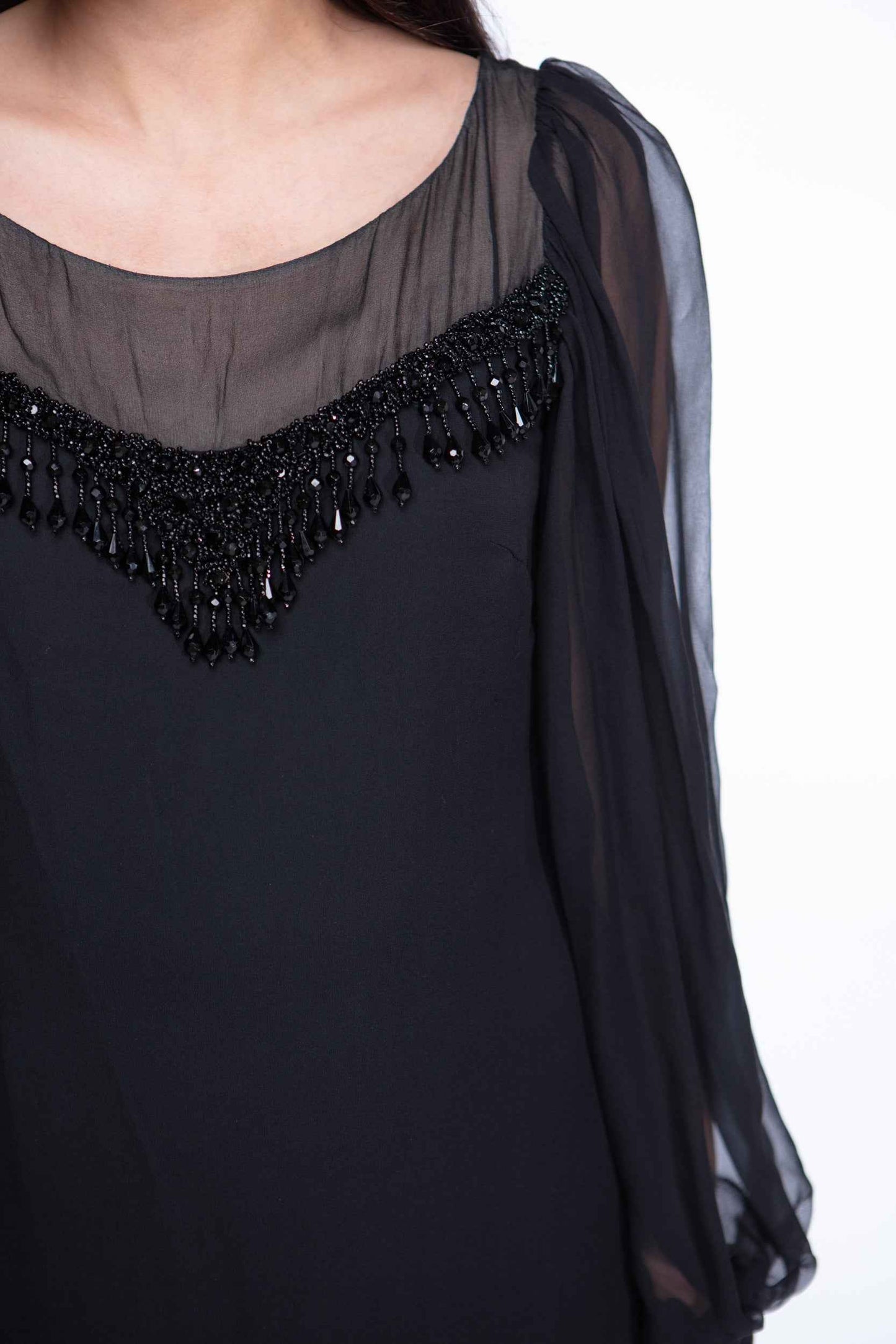 Beaded black chiffon 1960s dress