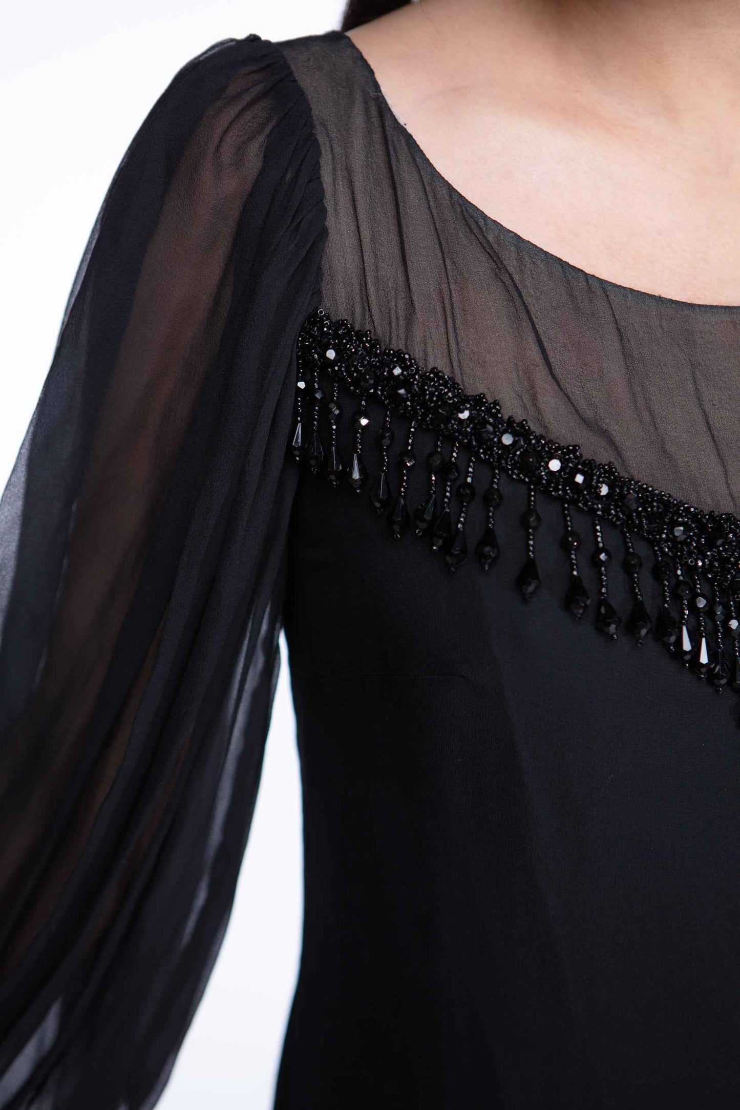 Beaded black chiffon 1960s dress