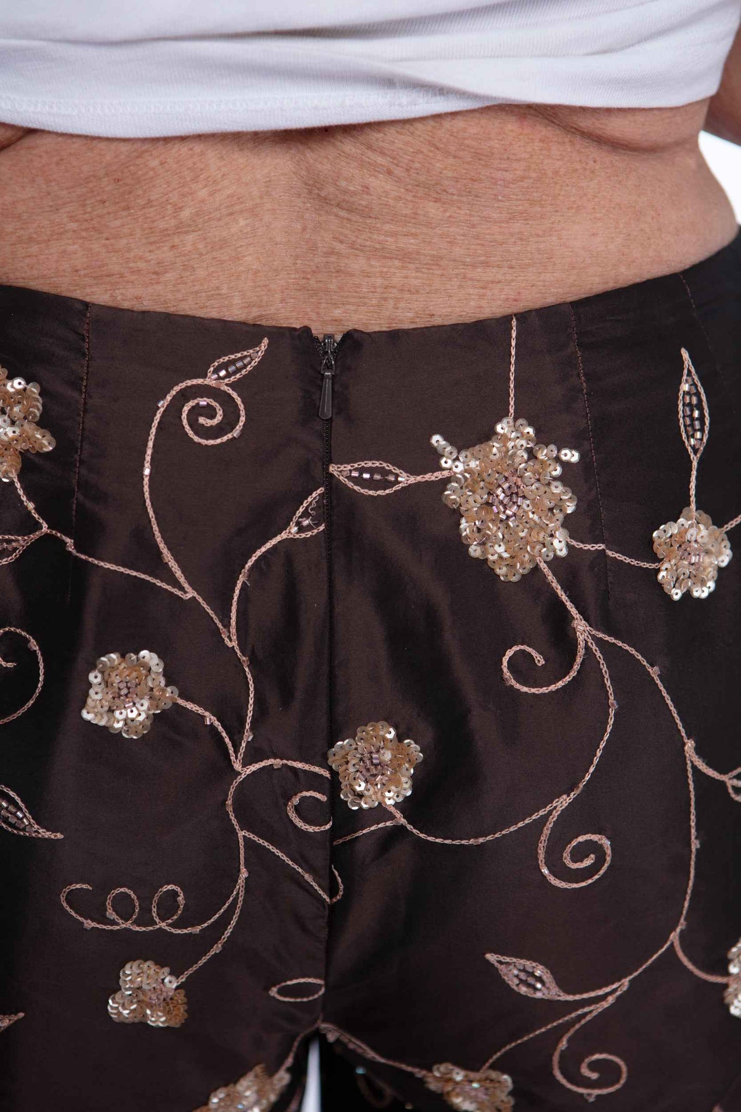 Floral brown silk pants