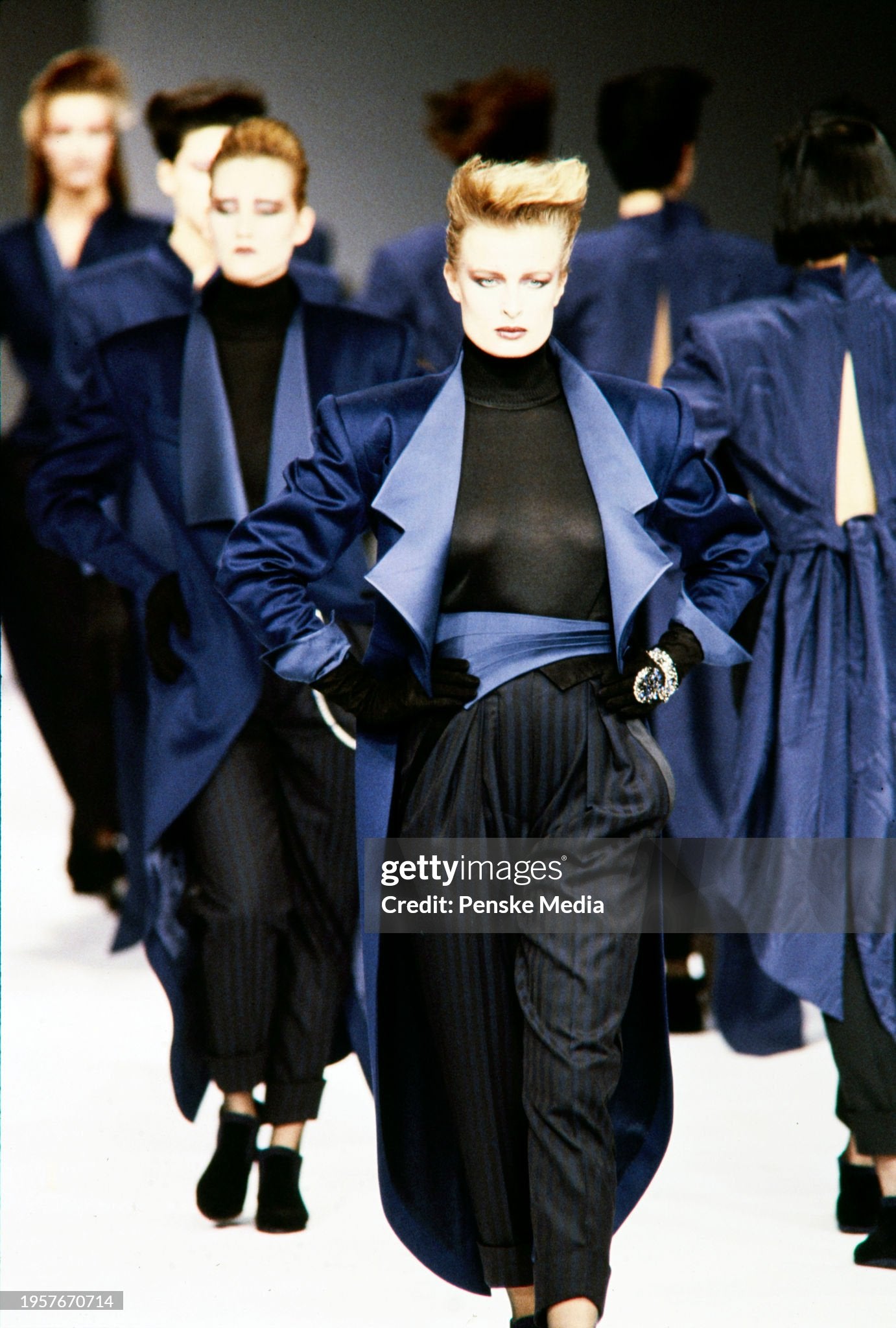 Claude Montana Fall/Winter 1985 Black and Navy Wool Striped Tuxedo Pants