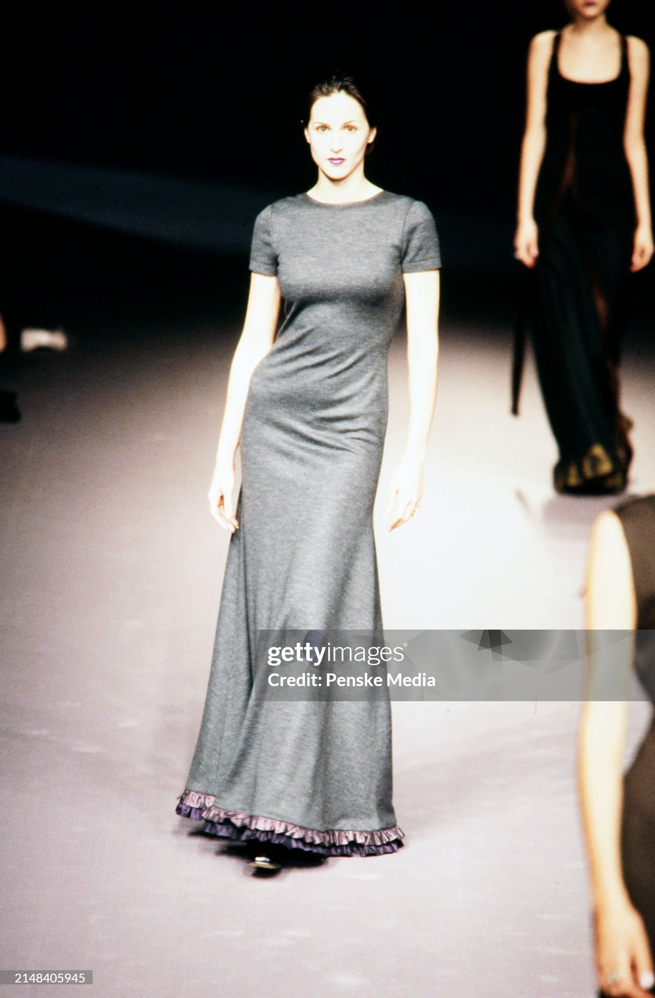 Guy Laroche by Alber Elbaz Fall/Winter 1997 Charcoal Wool Backless Dress with Taffeta Trim