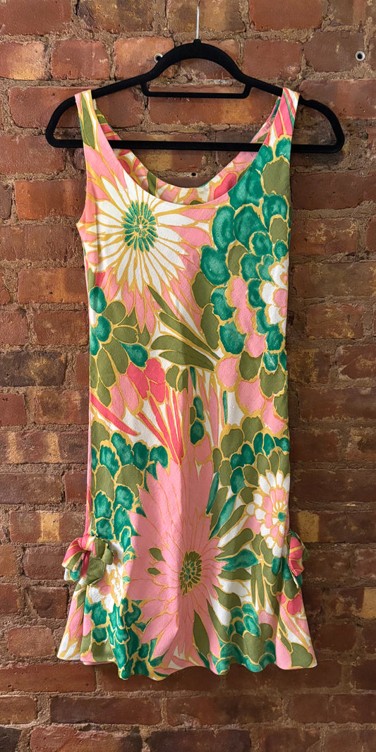 Geoffrey Beene 1970s Silk-Linen Bias Cut Floral Mini Dress