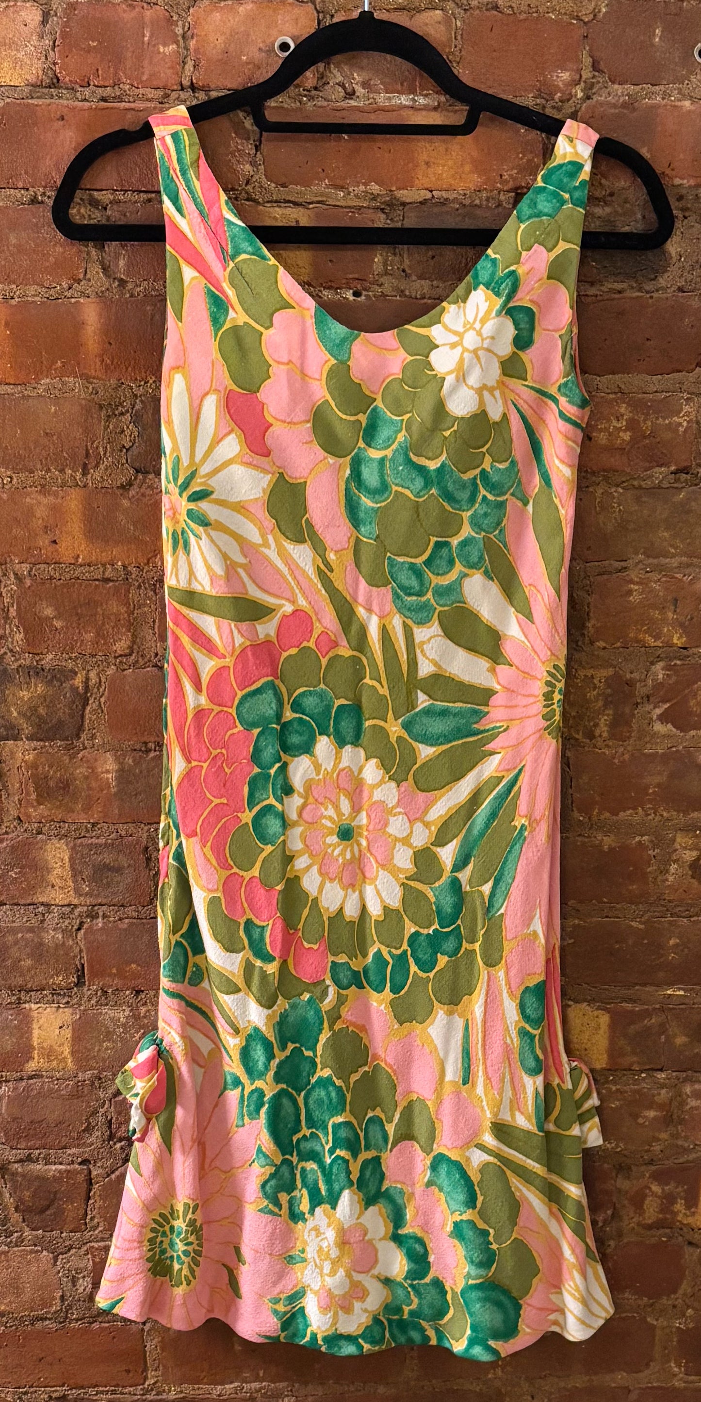 Geoffrey Beene 1970s Silk-Linen Bias Cut Floral Mini Dress