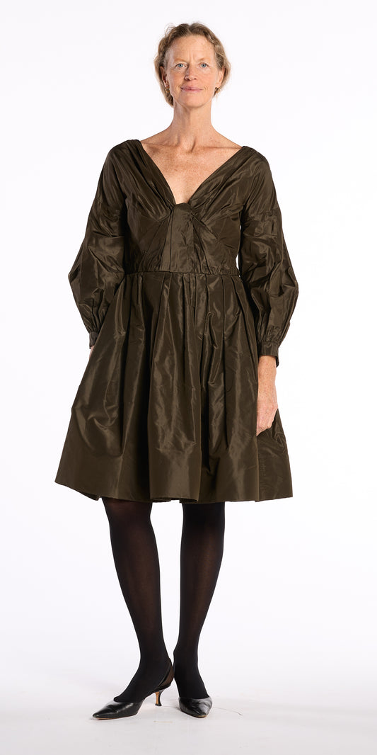 Oscar de la Renta 2000s Olive Silk Taffeta Dress