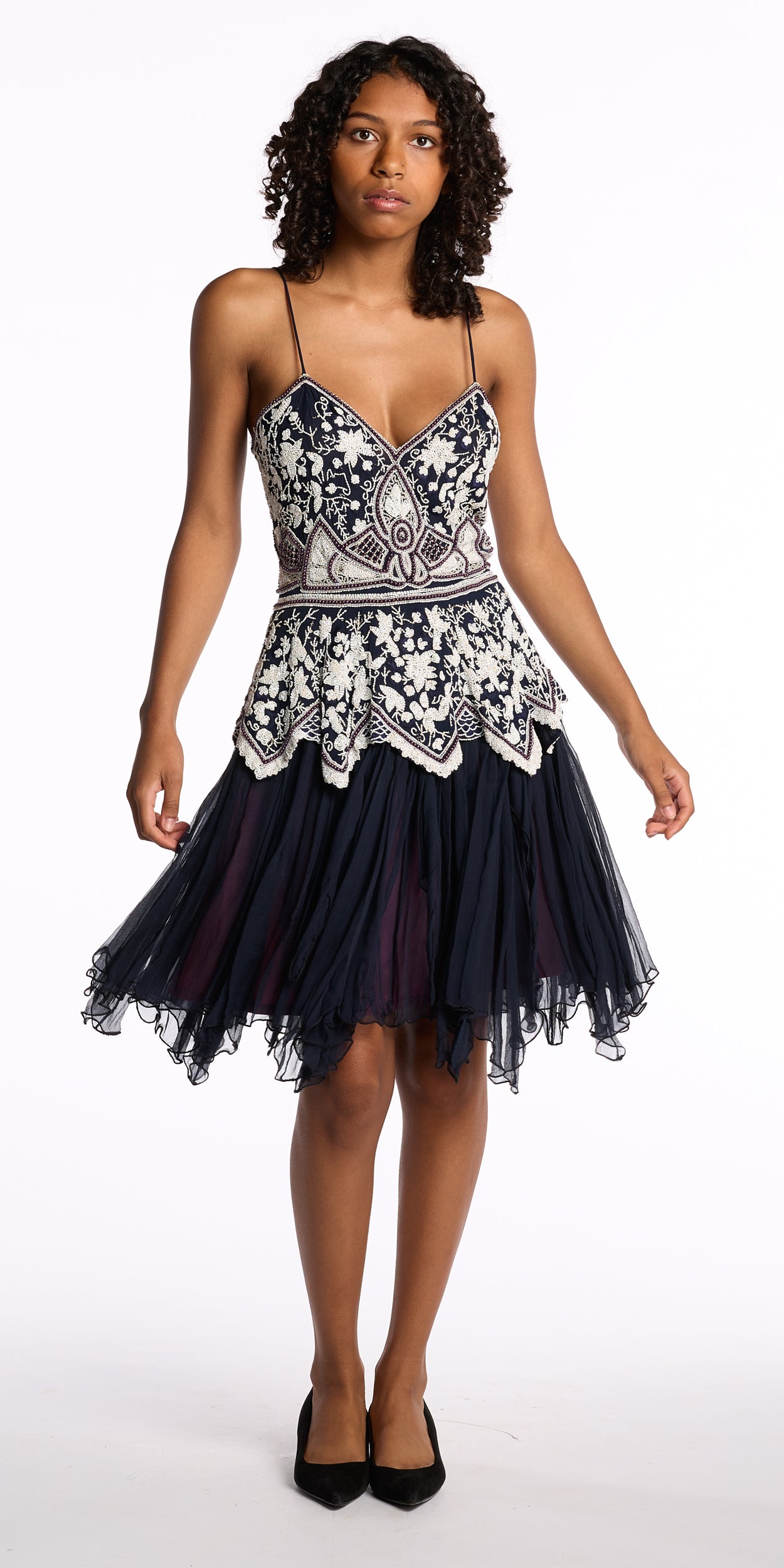 Eavis and Brown 1980s Navy Beaded Silk Chiffon Dress