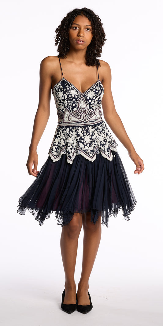 Eavis and Brown 1980s Navy Beaded Silk Chiffon Dress