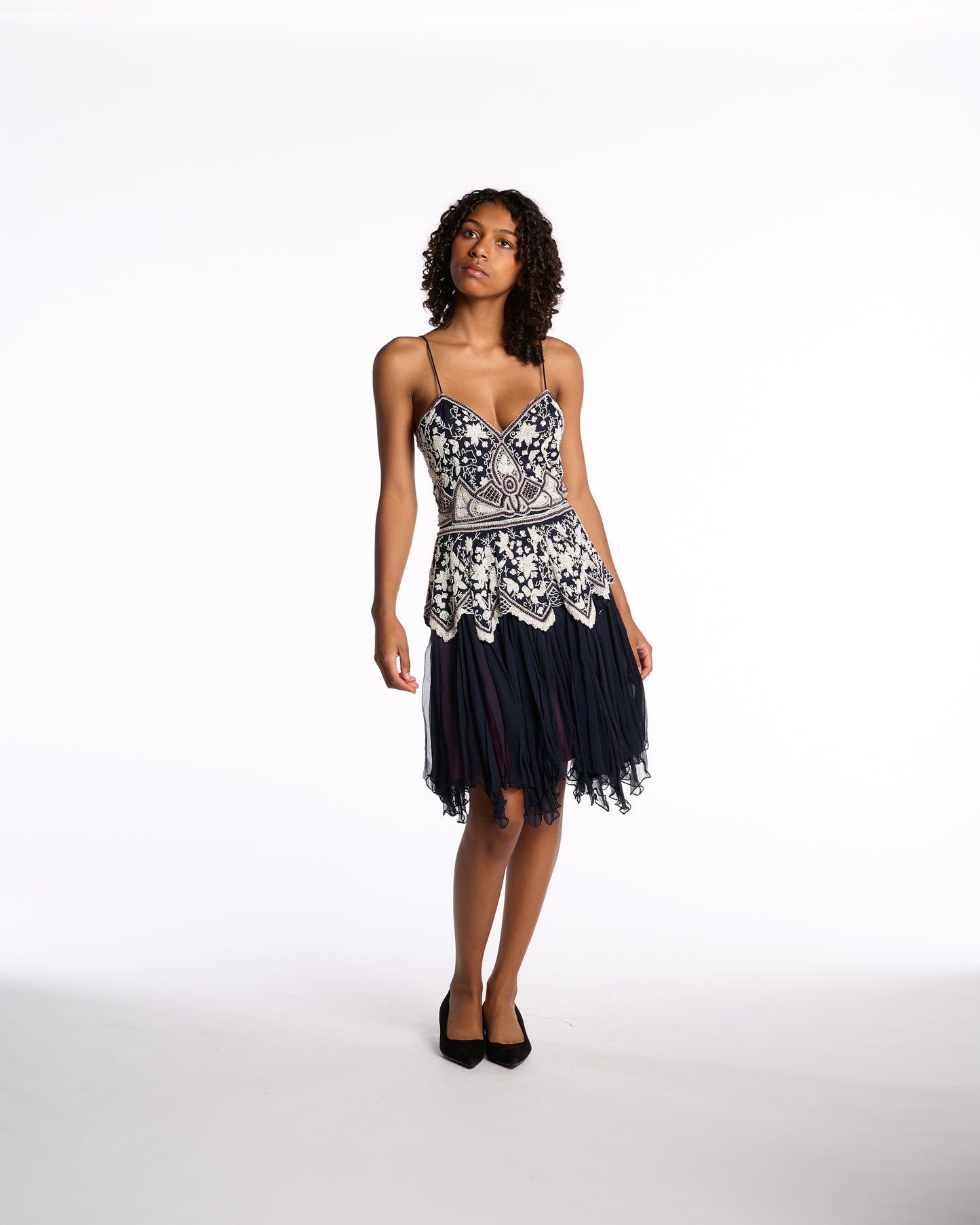 Eavis and Brown 1980s Navy Beaded Silk Chiffon Dress