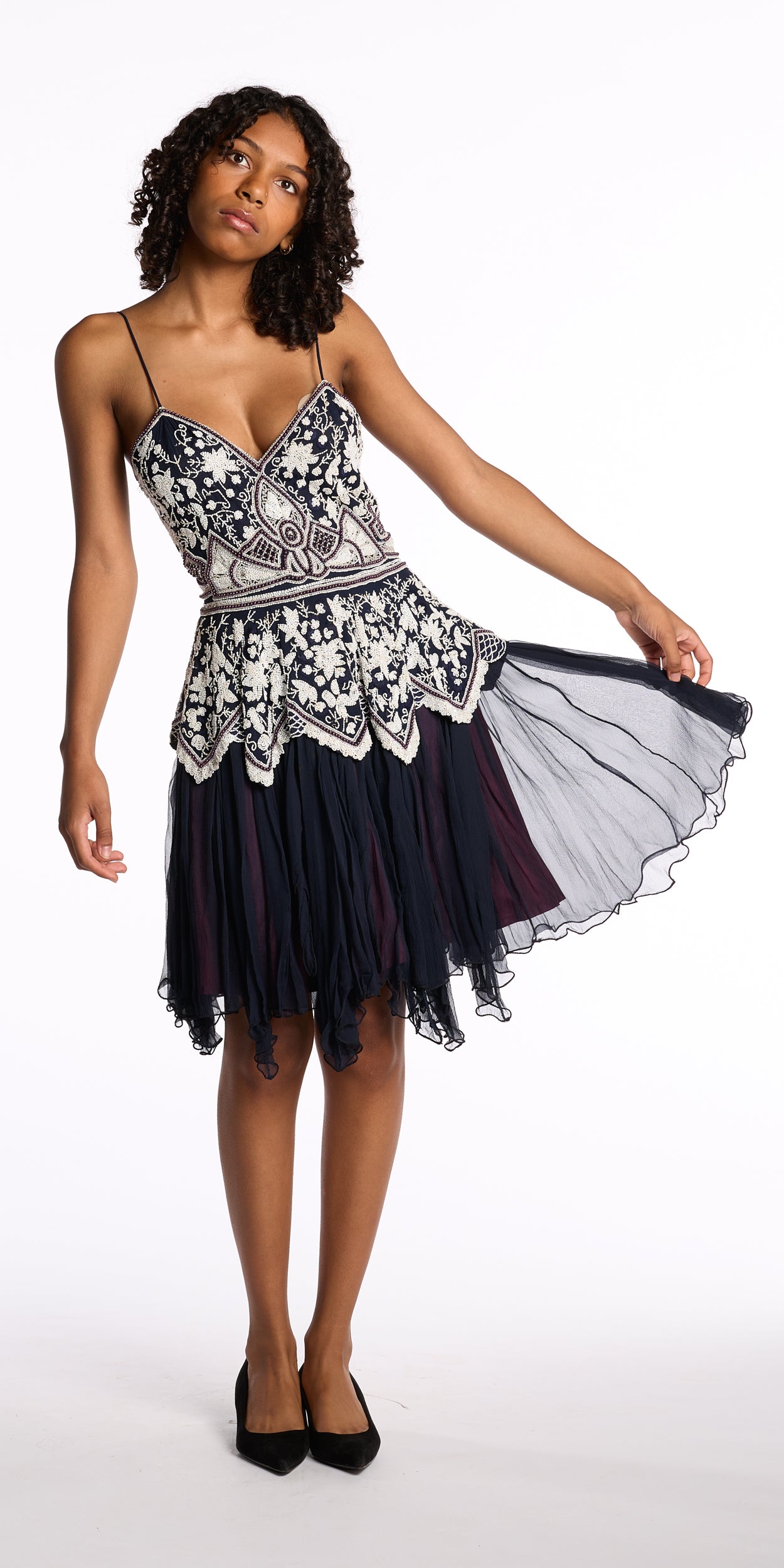 Eavis and Brown 1980s Navy Beaded Silk Chiffon Dress