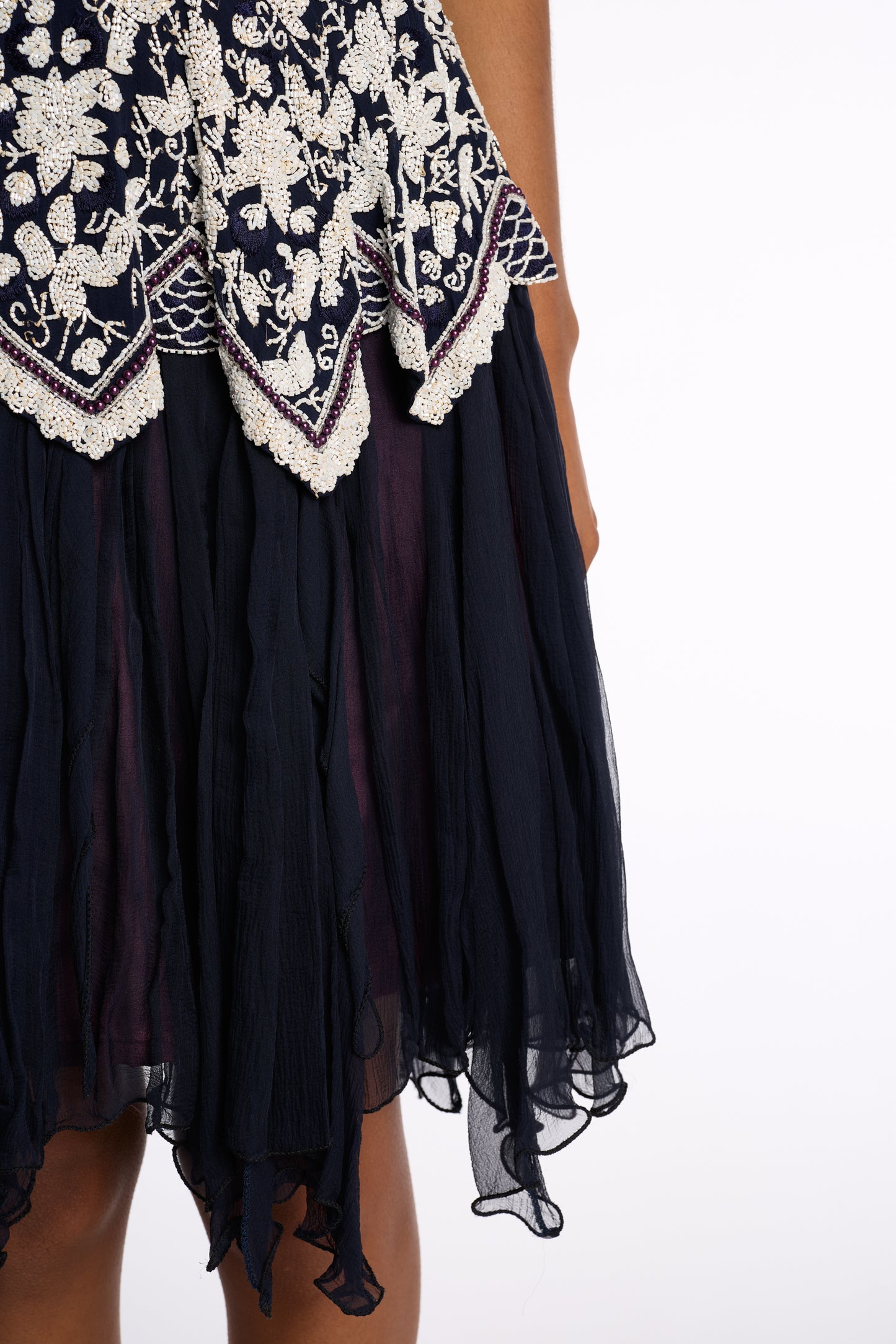 Eavis and Brown 1980s Navy Beaded Silk Chiffon Dress