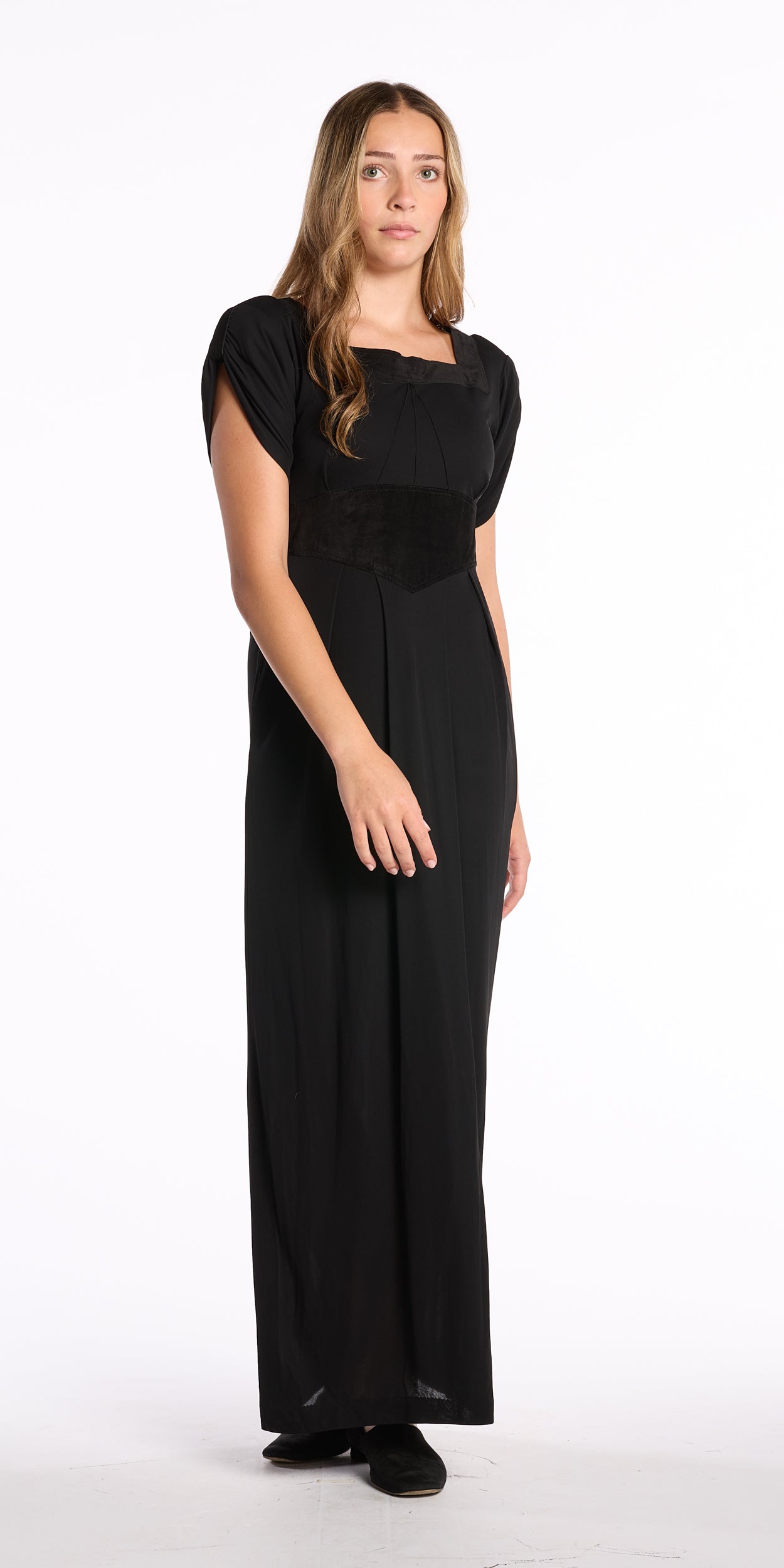 Jean Muir 1980s Square Neck Suede Detailed Dress