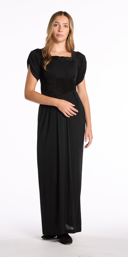 Jean Muir 1980s Square Neck Suede Detailed Dress