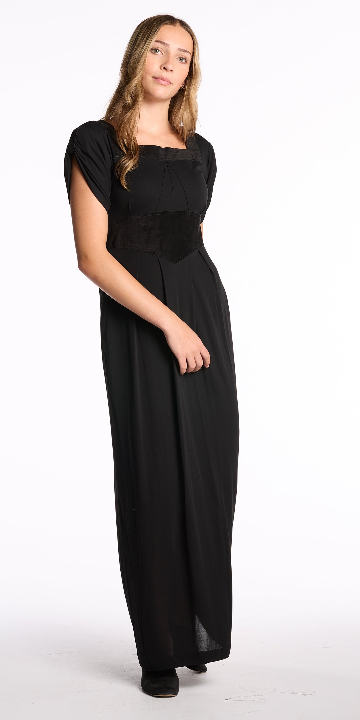 Jean Muir 1980s Square Neck Suede Detailed Dress