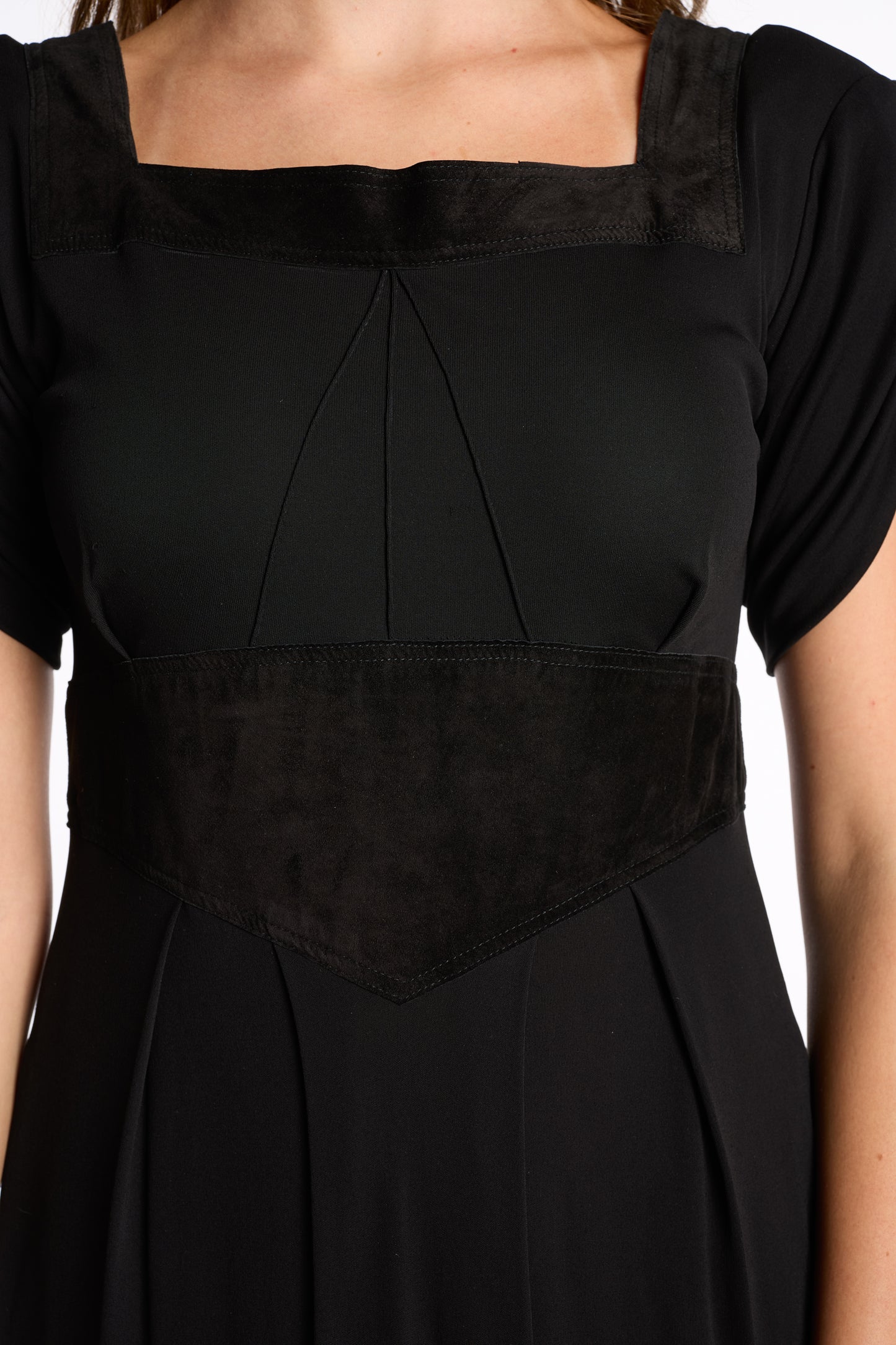 Jean Muir 1980s Square Neck Suede Detailed Dress