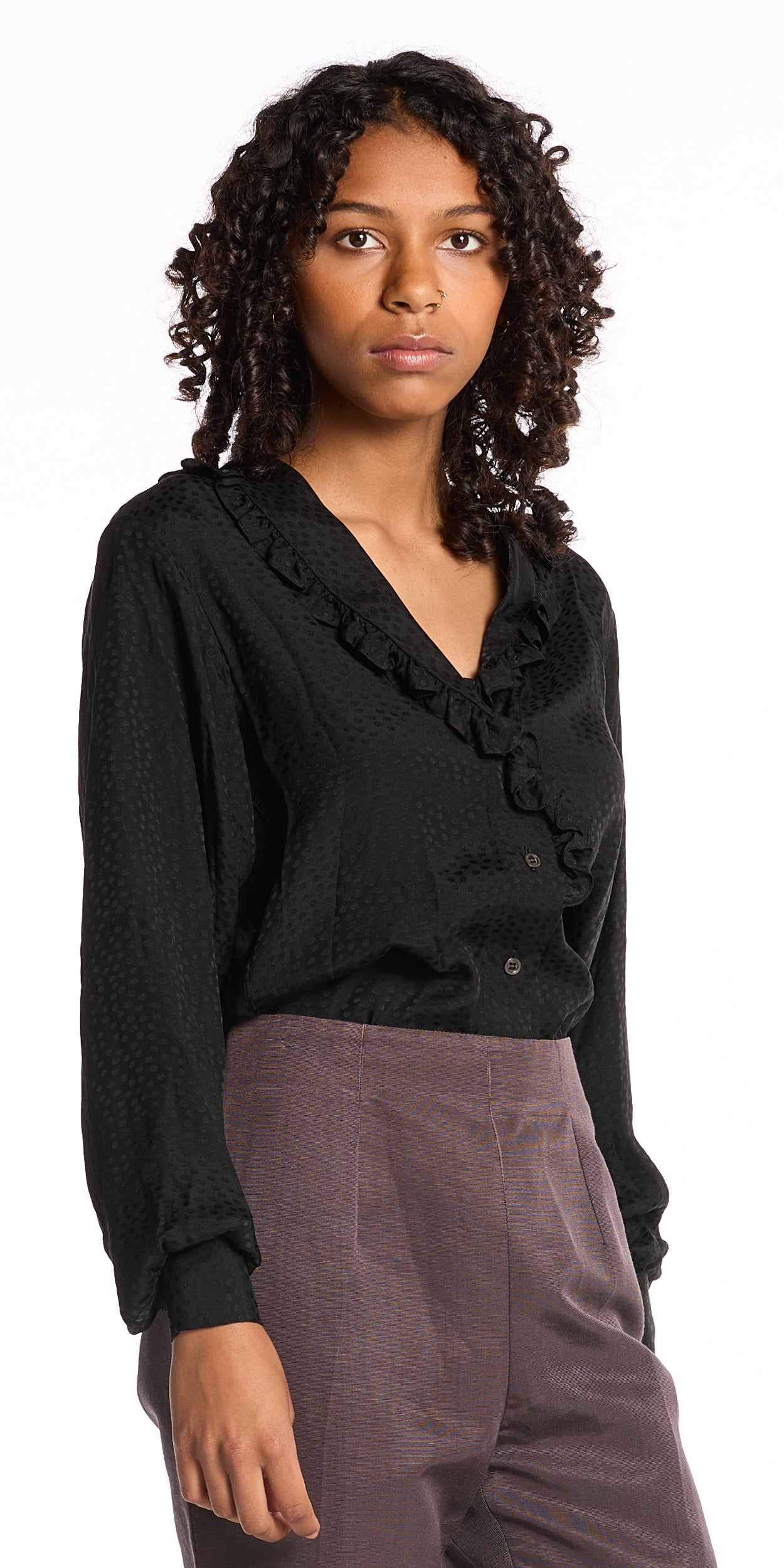 Yves Saint Laurent 1980s Black Silk Embossed Blouse