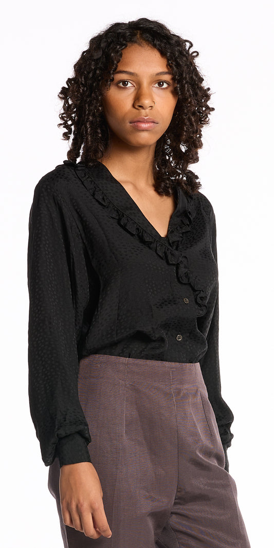 Yves Saint Laurent 1980s Black Silk Embossed Blouse