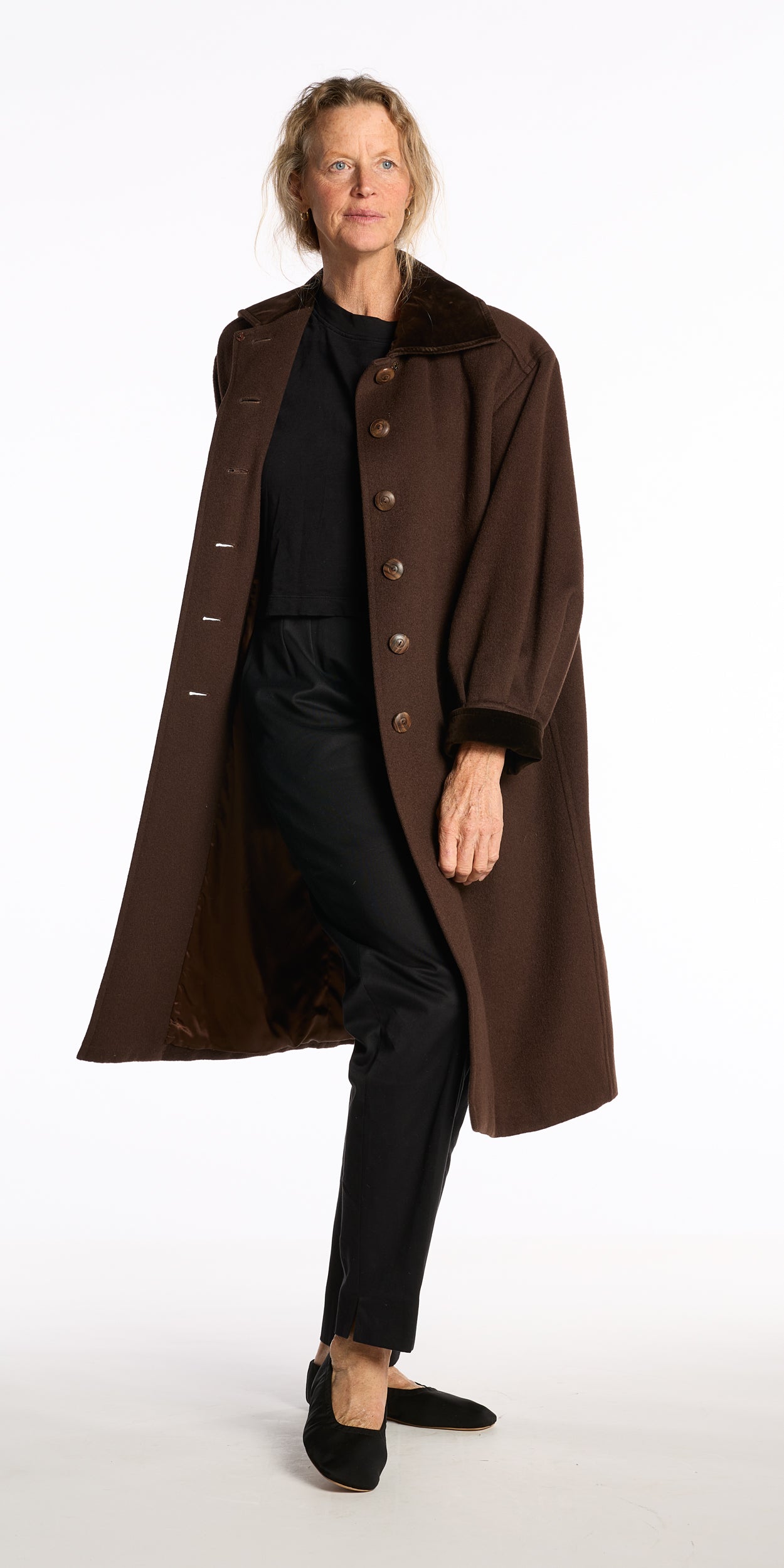Yves Saint Laurent 1980s Chocolate Wool Swing Coat with Velvet Details