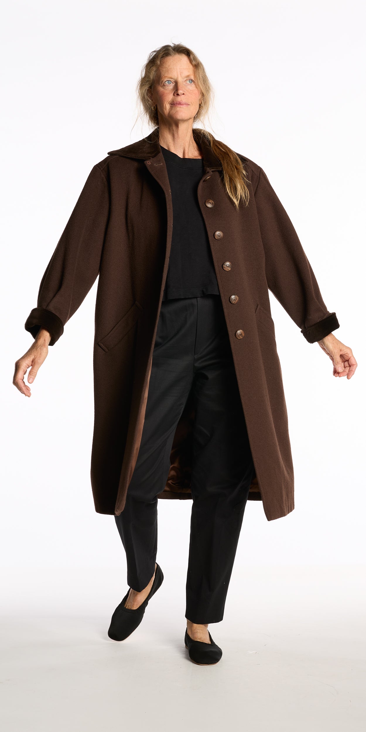Yves Saint Laurent 1980s Chocolate Wool Swing Coat with Velvet Details