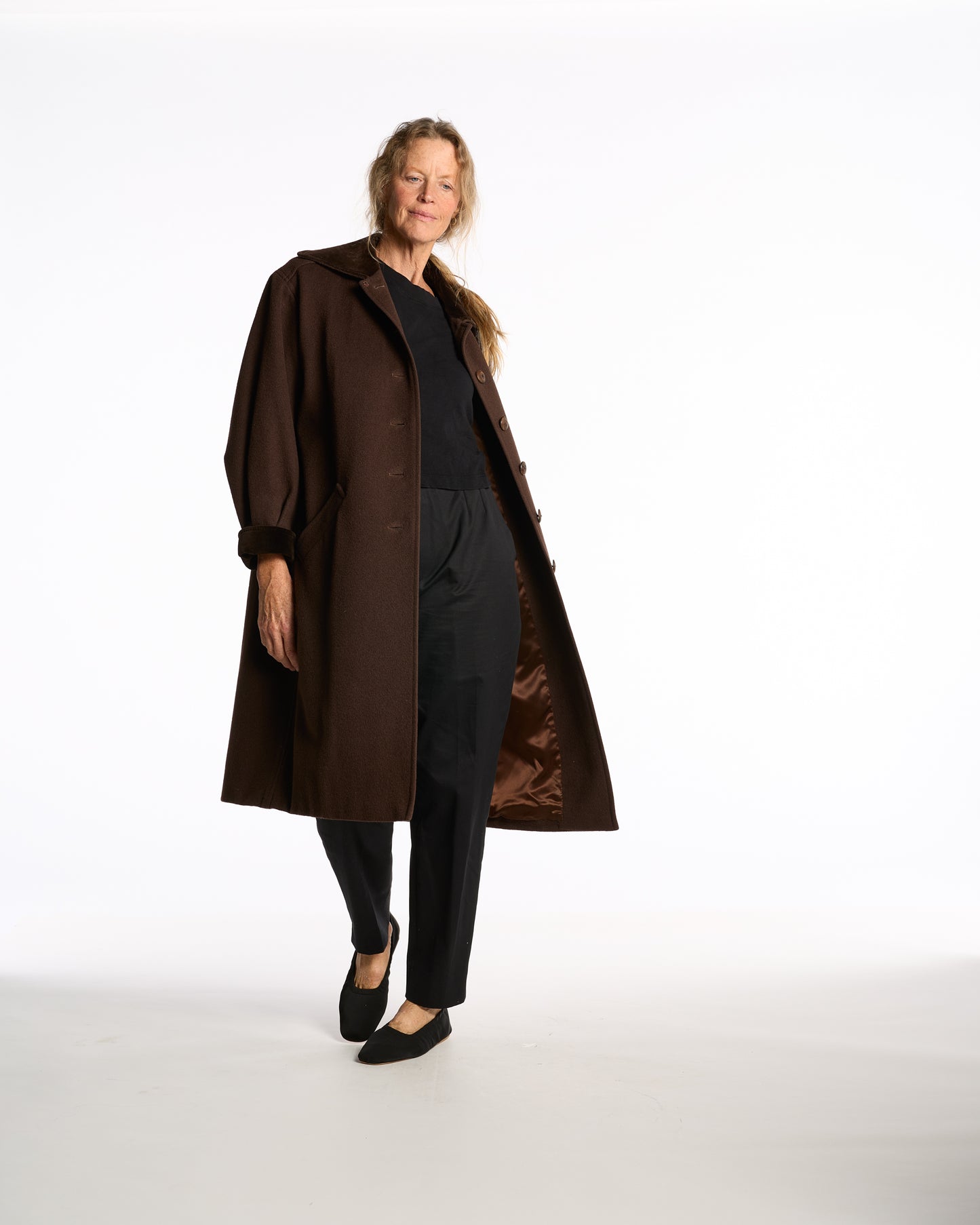 Yves Saint Laurent 1980s Chocolate Wool Swing Coat with Velvet Details