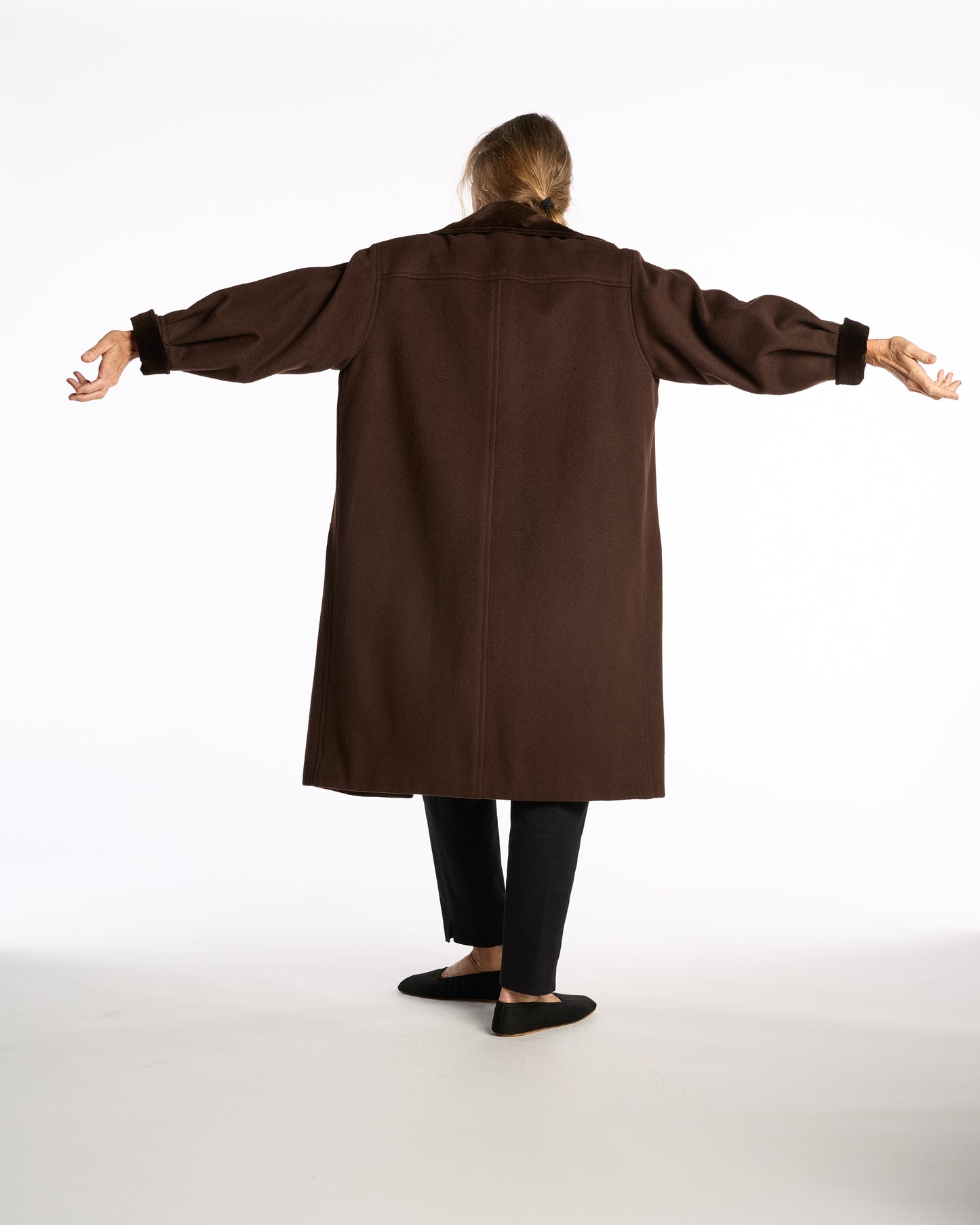 Yves Saint Laurent 1980s Chocolate Wool Swing Coat with Velvet Details