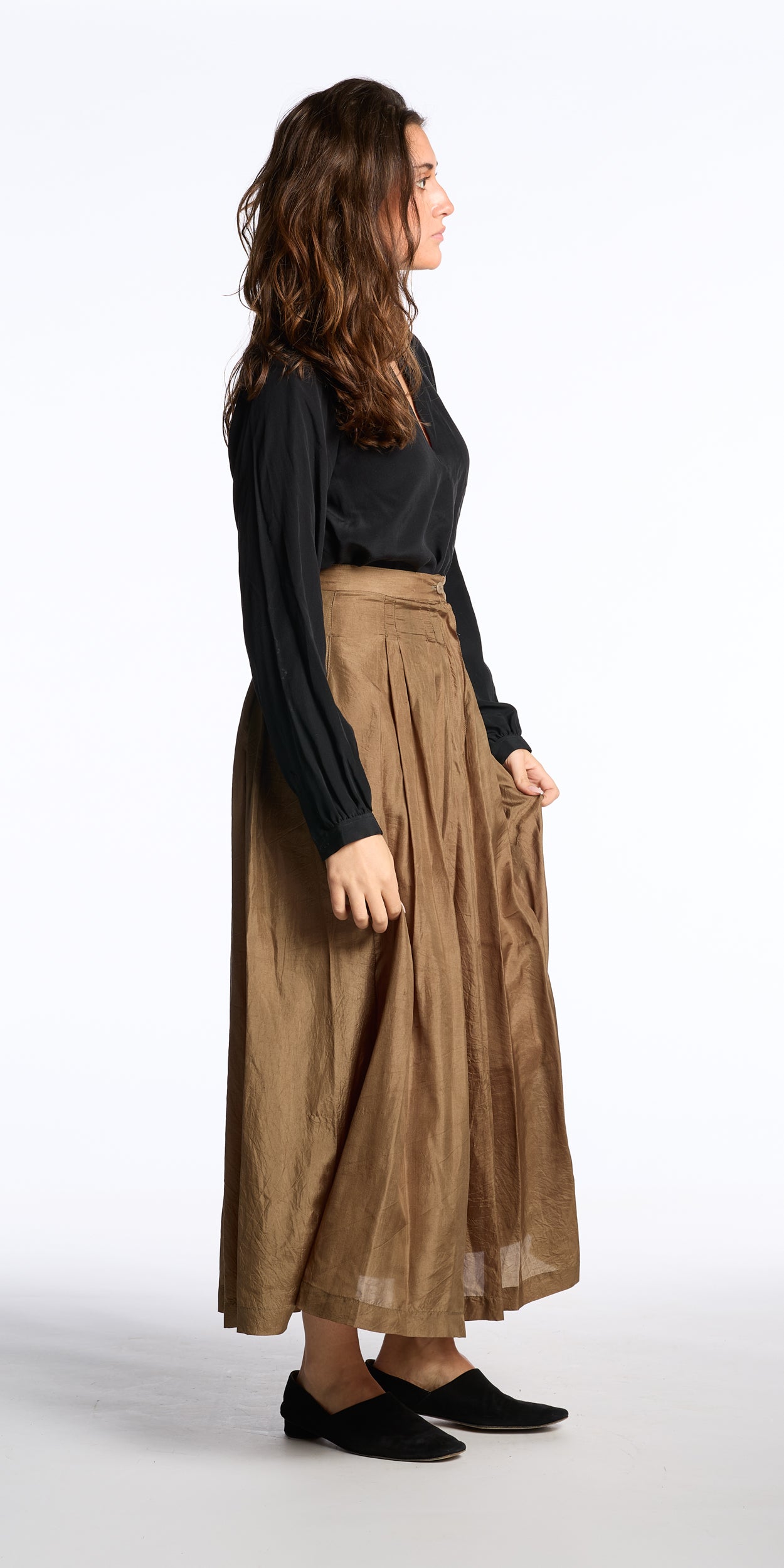 Krizia 1980s Brass Silk Pleated Skirt