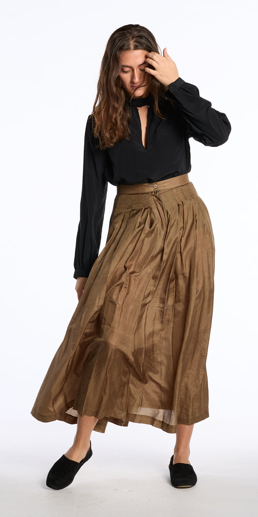 Krizia 1980s Brass Silk Pleated Skirt
