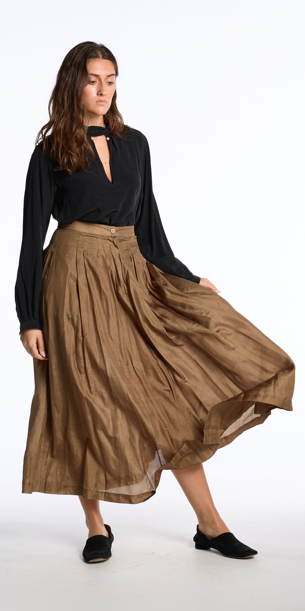 Krizia 1980s Brass Silk Pleated Skirt