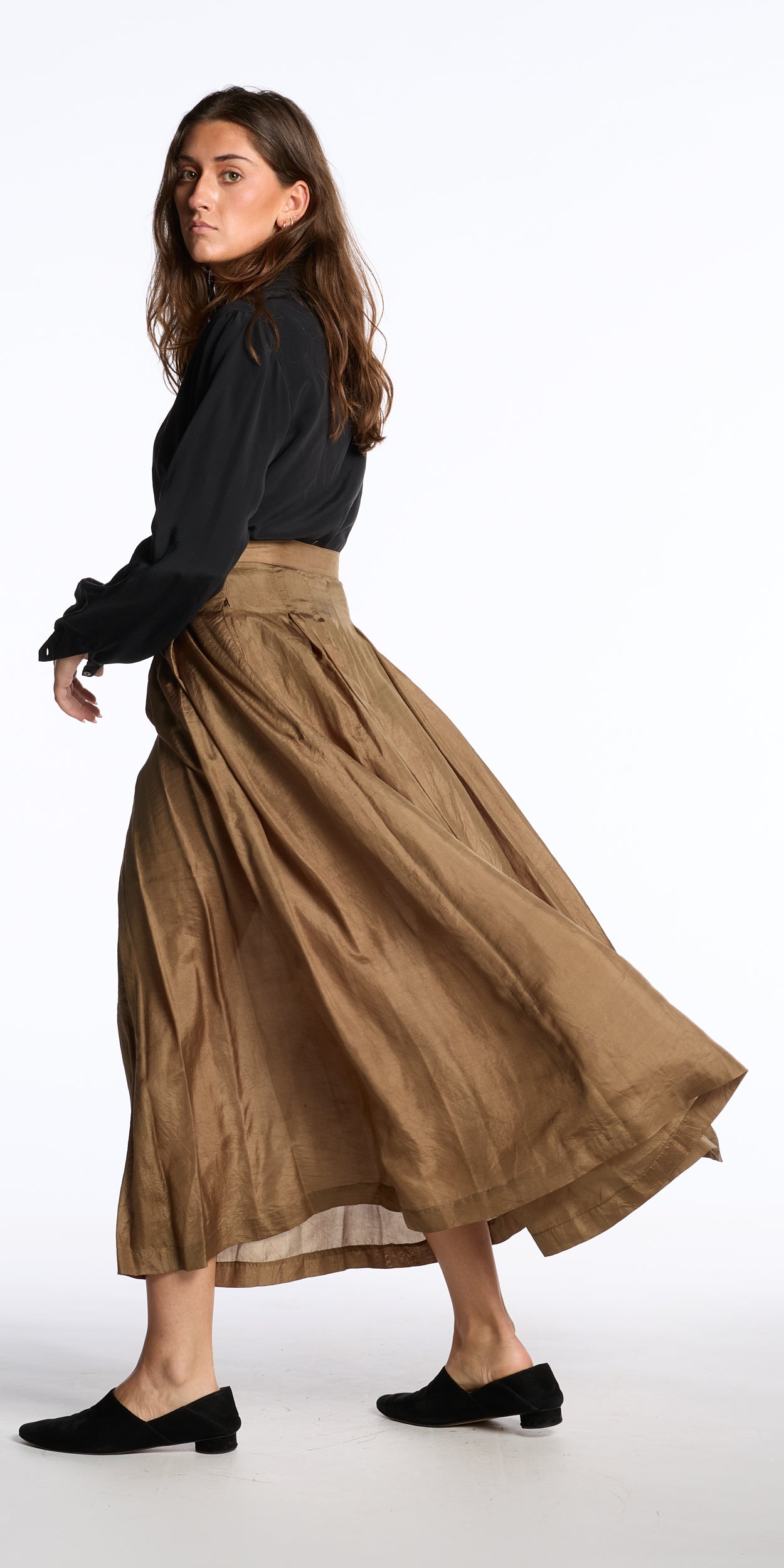 Krizia 1980s Brass Silk Pleated Skirt