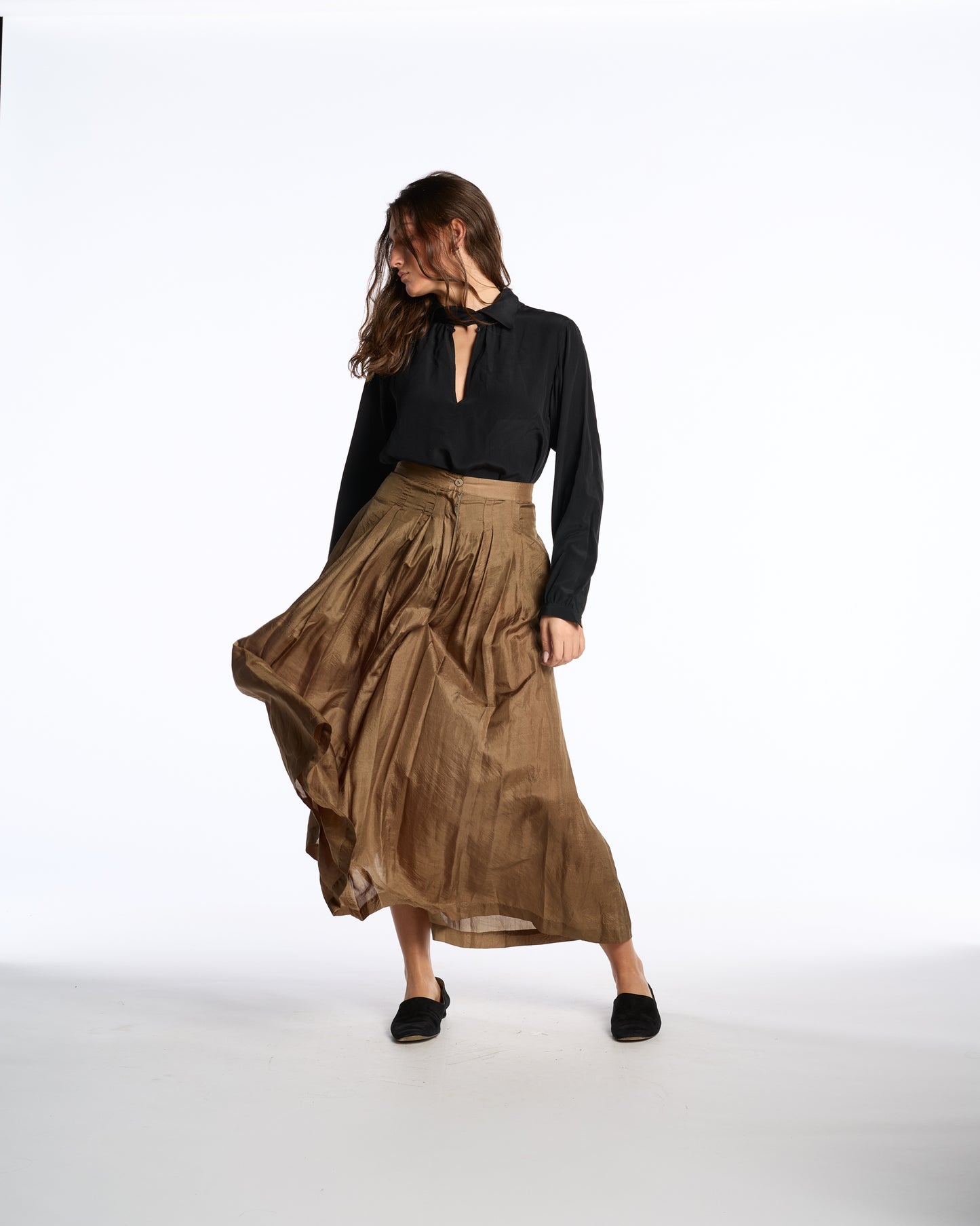 Krizia 1980s Brass Silk Pleated Skirt