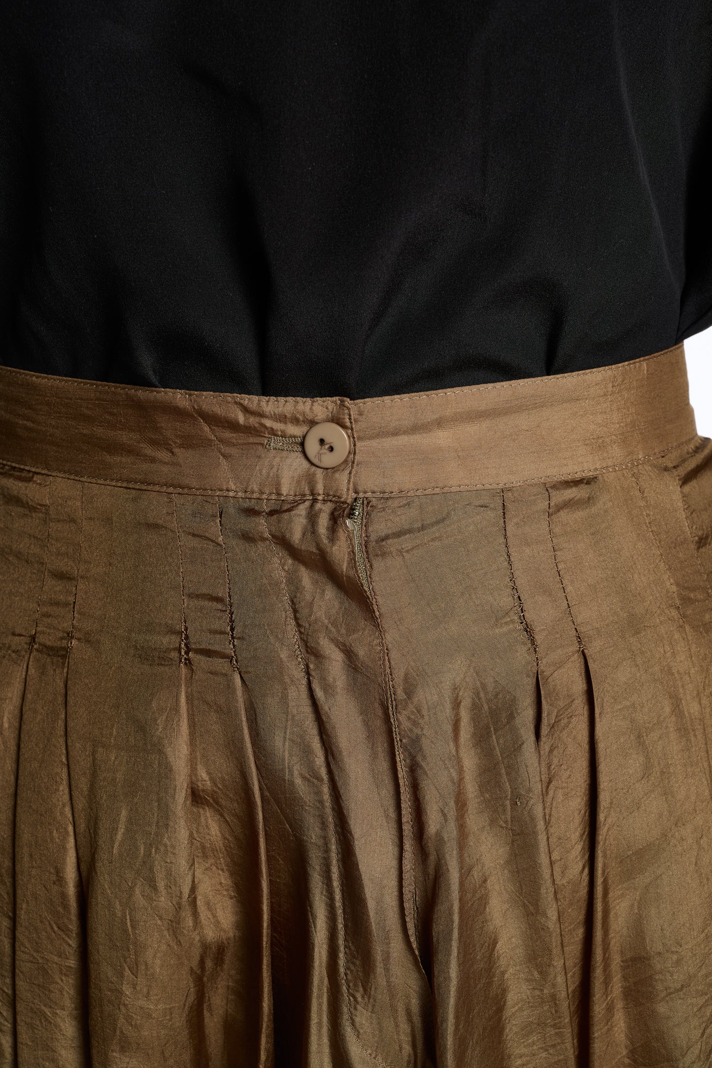 Krizia 1980s Brass Silk Pleated Skirt