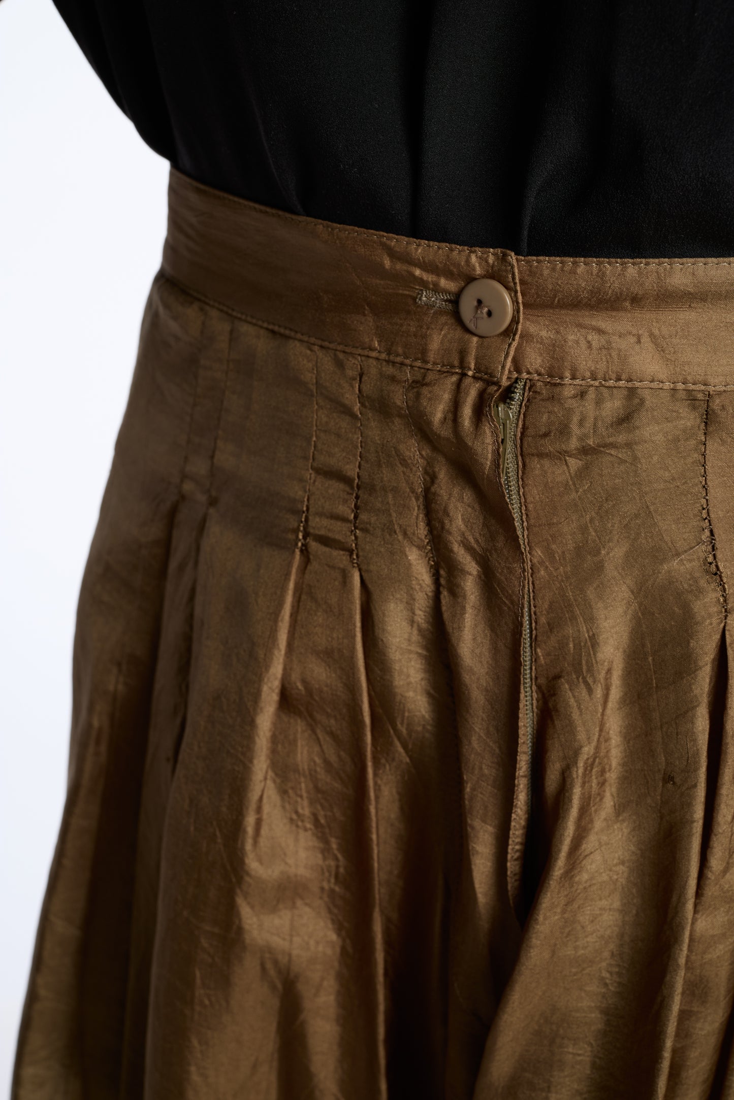 Krizia 1980s Brass Silk Pleated Skirt