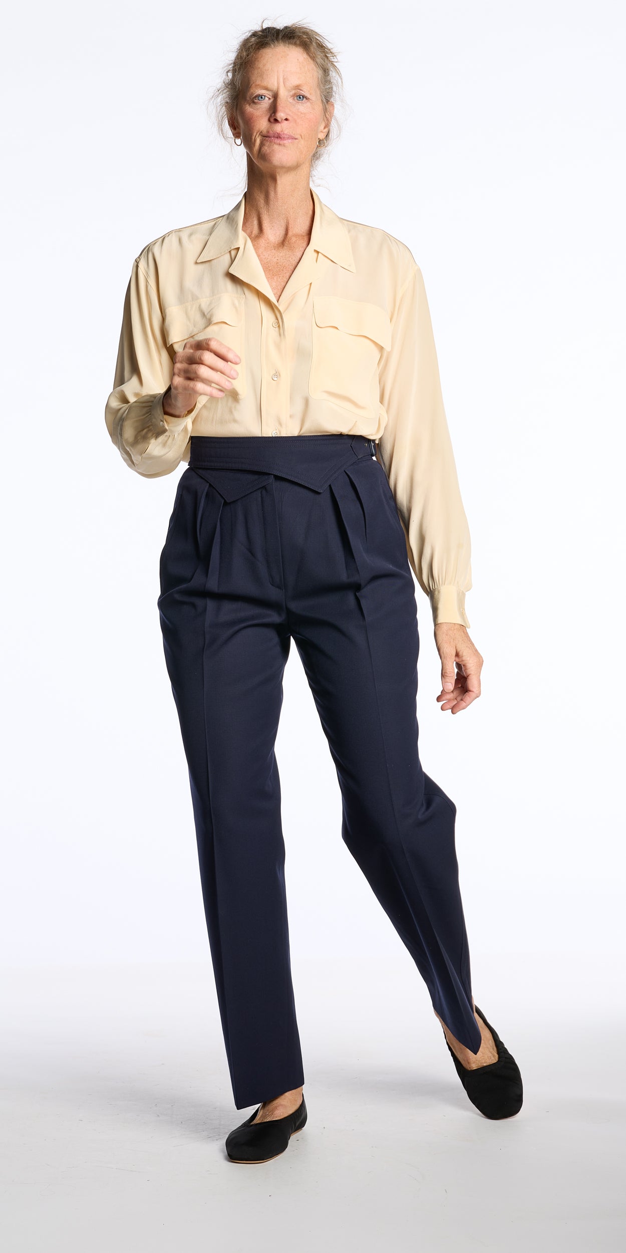 Escada 1980s Navy Gabarine Wool Belted Trousers