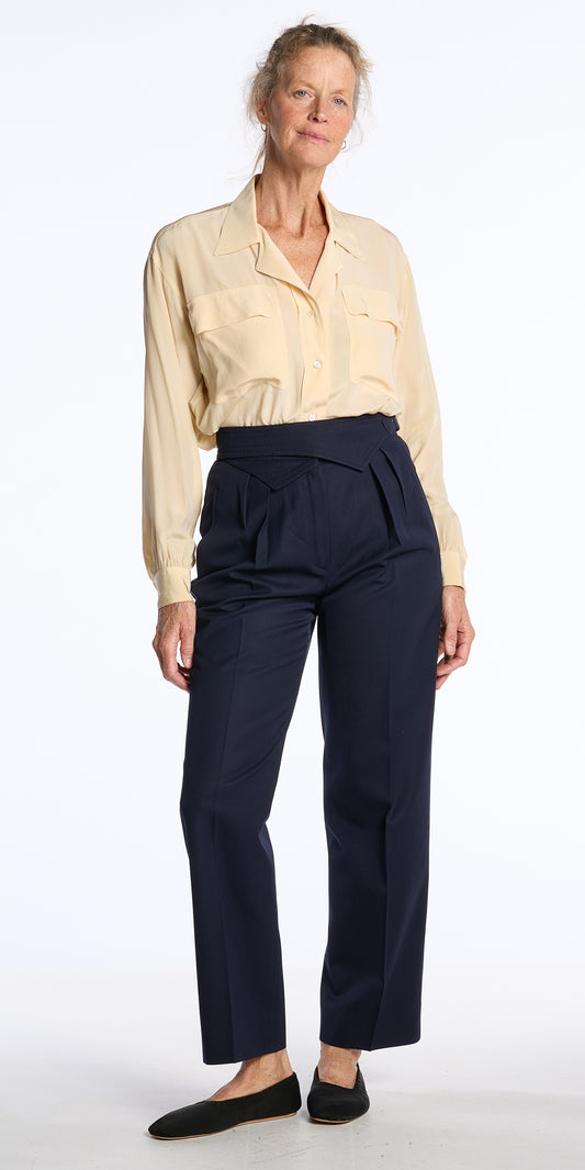 Escada 1980s Navy Gabarine Wool Belted Trousers