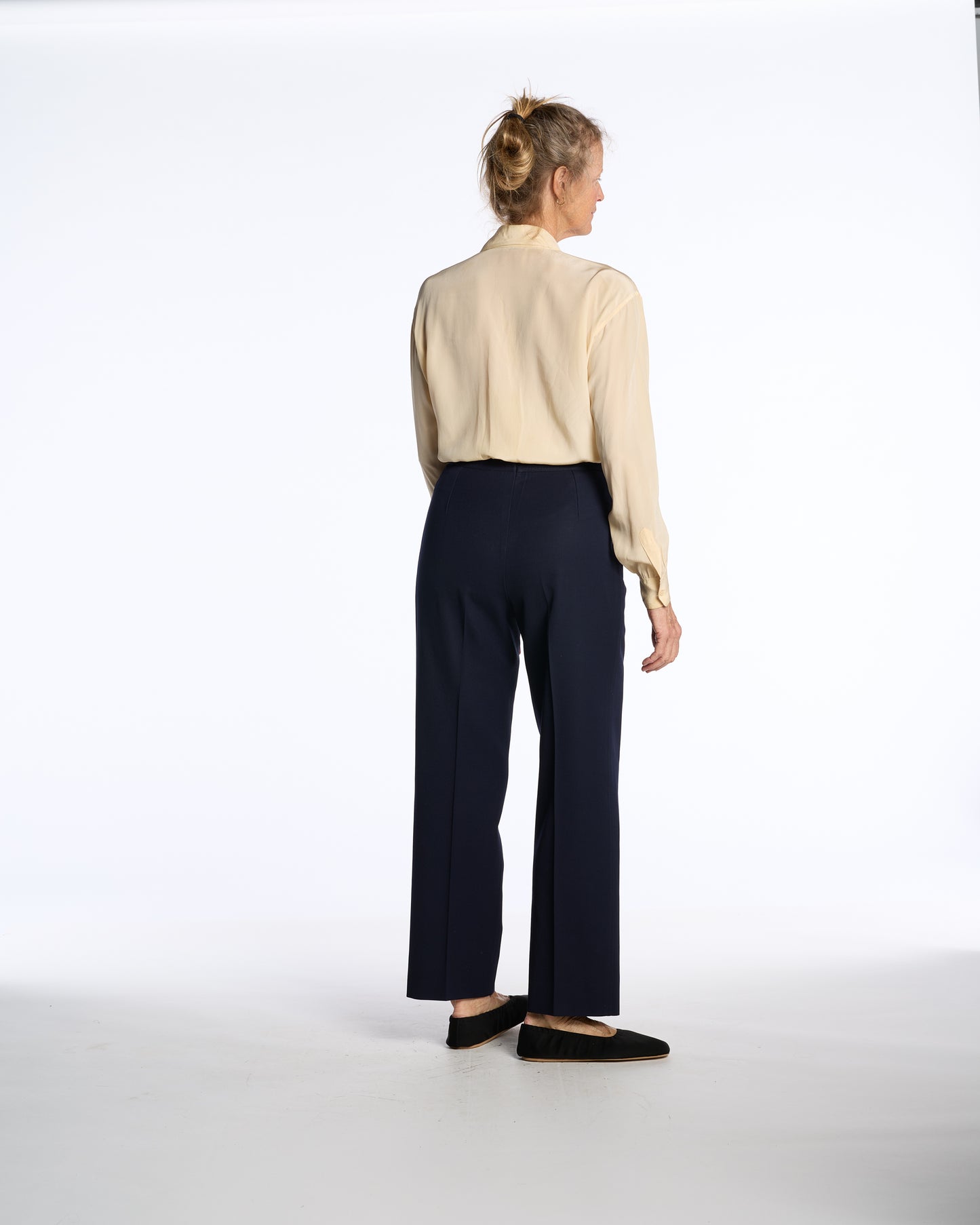 Escada 1980s Navy Gabarine Wool Belted Trousers