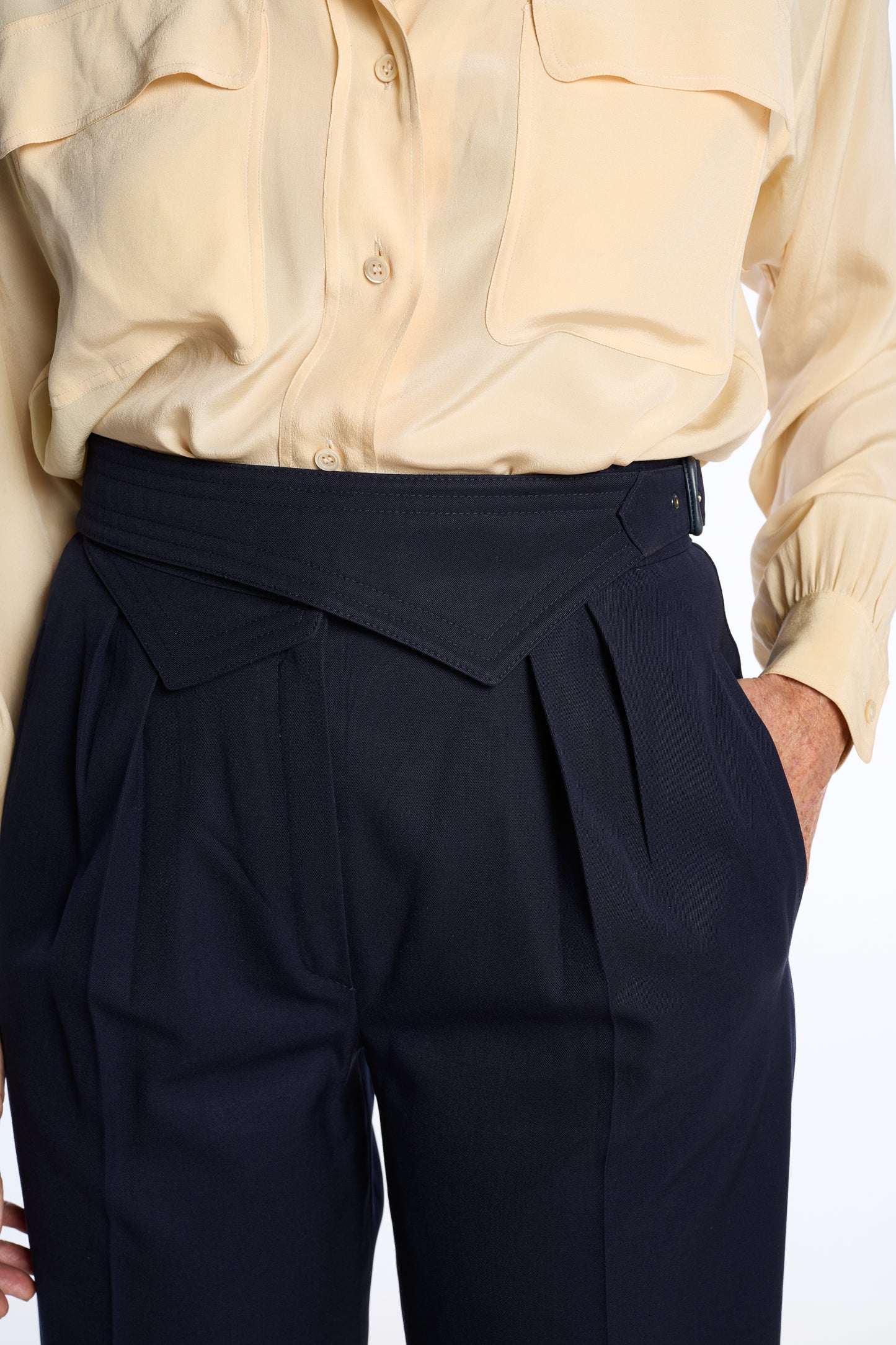 Escada 1980s Navy Gabarine Wool Belted Trousers
