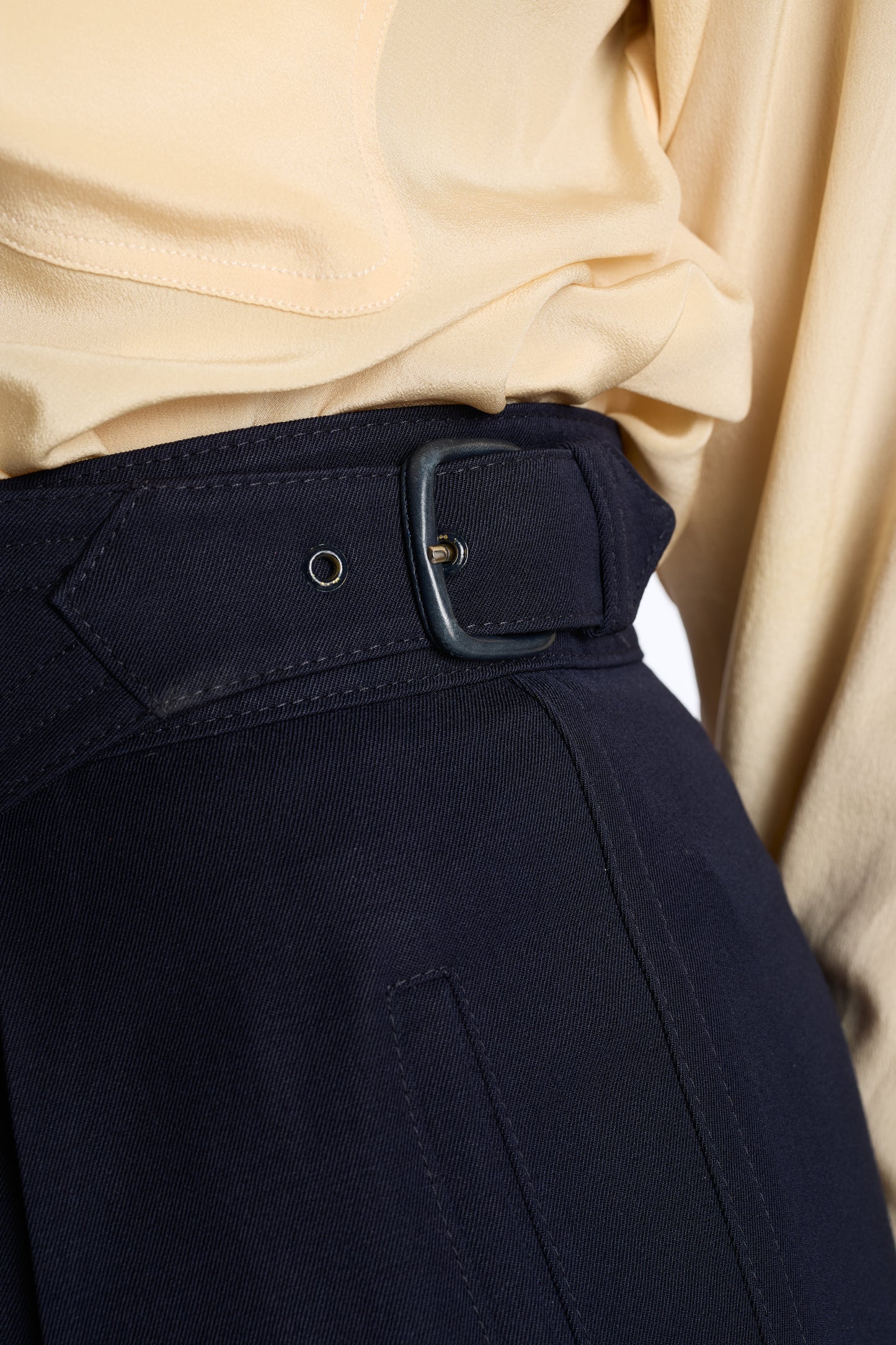 Escada 1980s Navy Gabarine Wool Belted Trousers