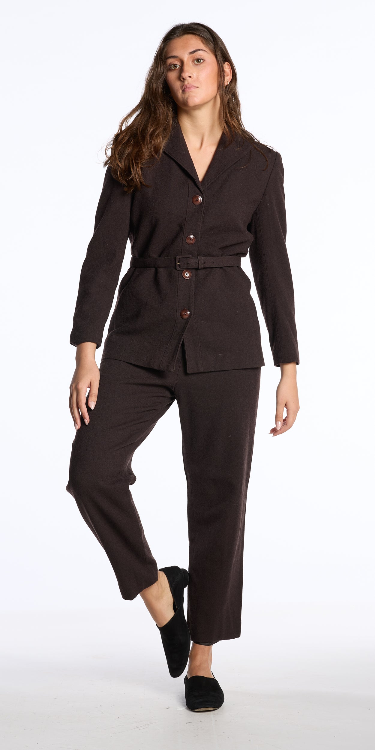 Christian Dior 1990s Chocolate Brown Worsted Wool Belted Suit