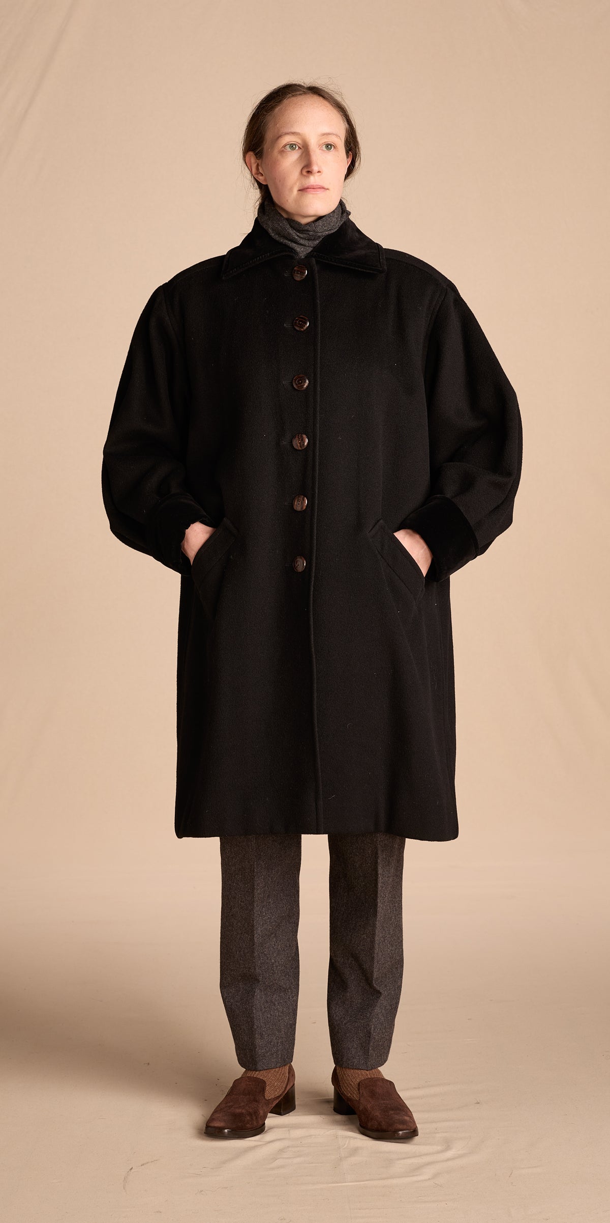 Yves Saint Laurent 1970s-1980s Black Wool Coat With Velvet Cuffs
