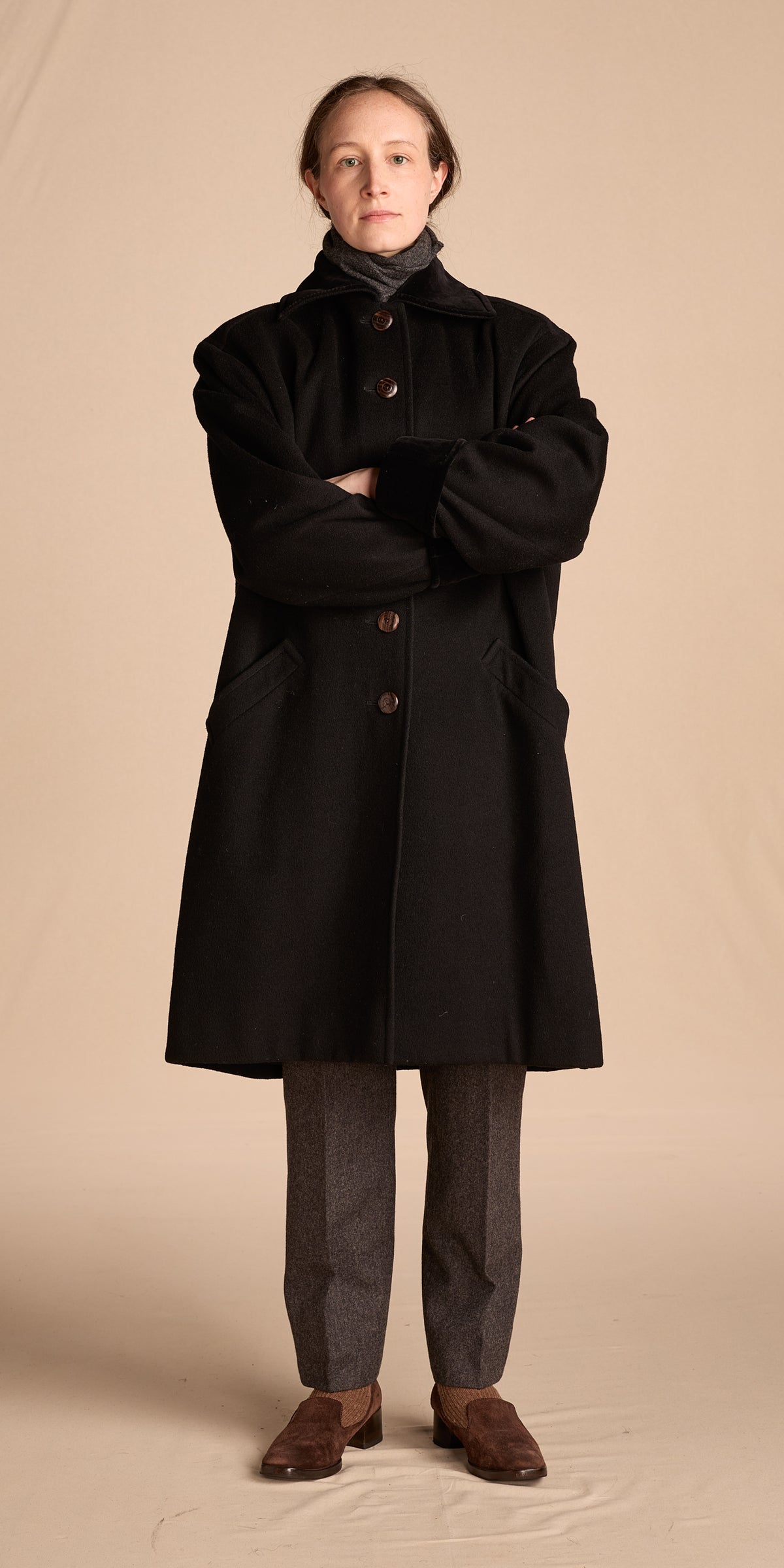 Yves Saint Laurent 1970s-1980s Black Wool Coat With Velvet Cuffs
