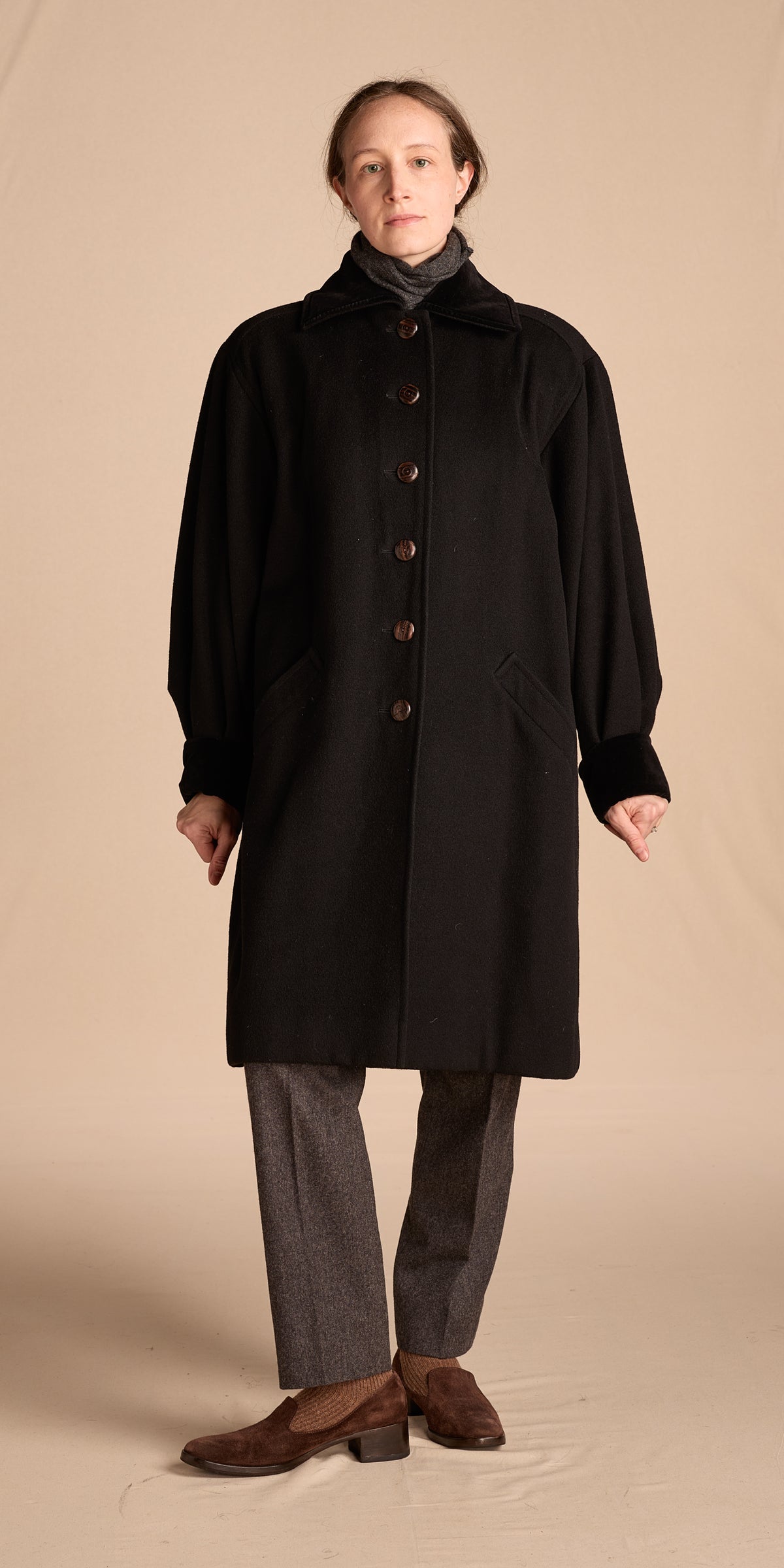 Yves Saint Laurent 1970s-1980s Black Wool Coat With Velvet Cuffs