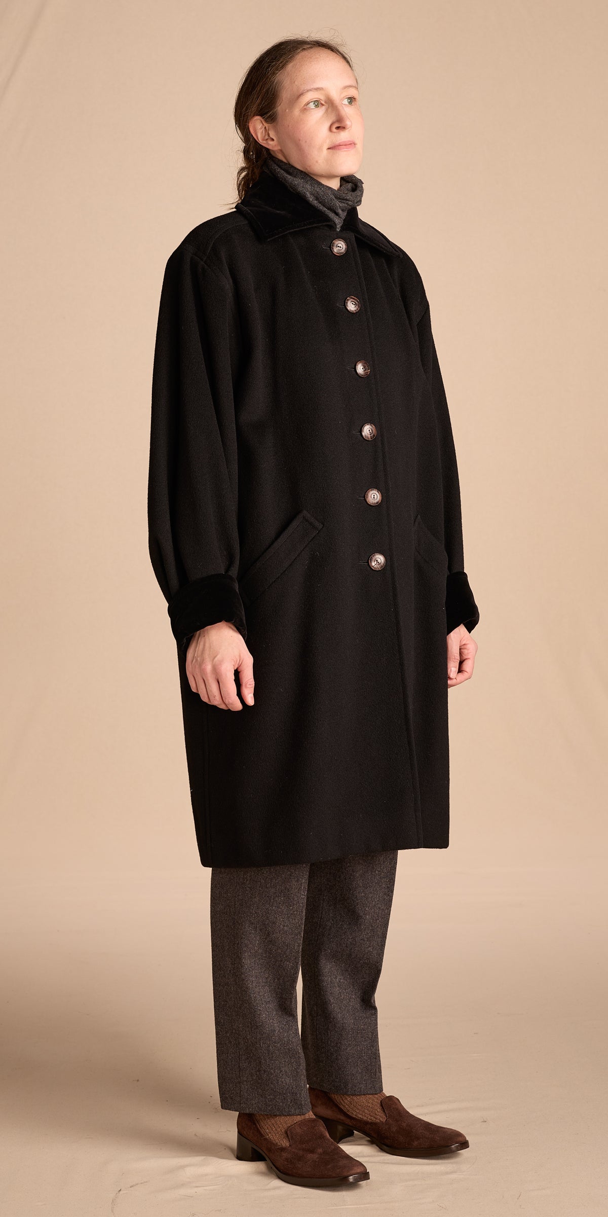 Yves Saint Laurent 1970s-1980s Black Wool Coat With Velvet Cuffs
