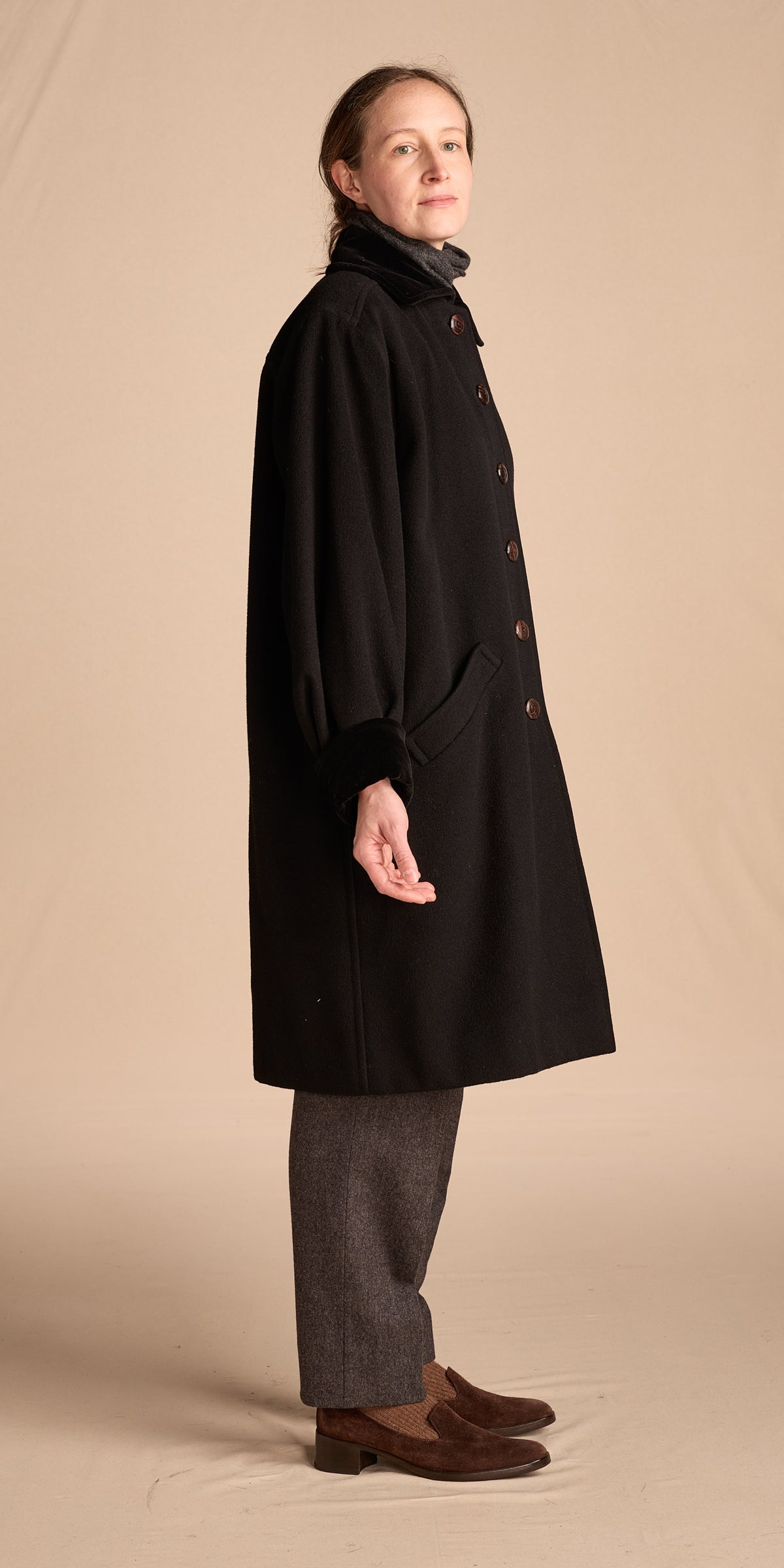 Yves Saint Laurent 1970s-1980s Black Wool Coat With Velvet Cuffs